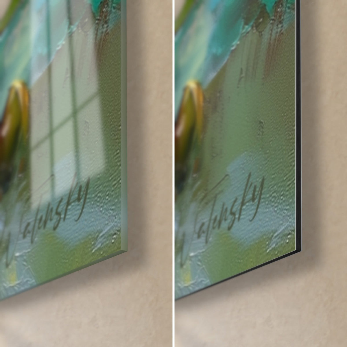 Schilderij met waterbloemen op een blauwgroene vijver, rechtsonder: Walensky-handtekening, glanzend glas en mat Dibond-aluminium, rand van 3 mm
