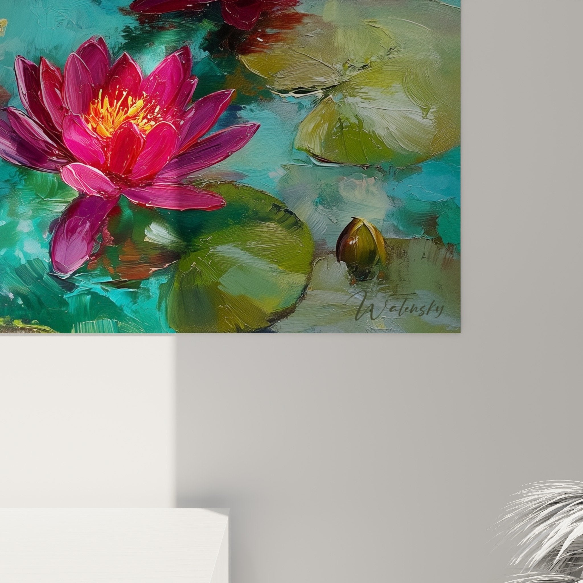 Vue d'ensemble tableau panoramique nénuphars sur bassin turquoise, art floral contemporain mural