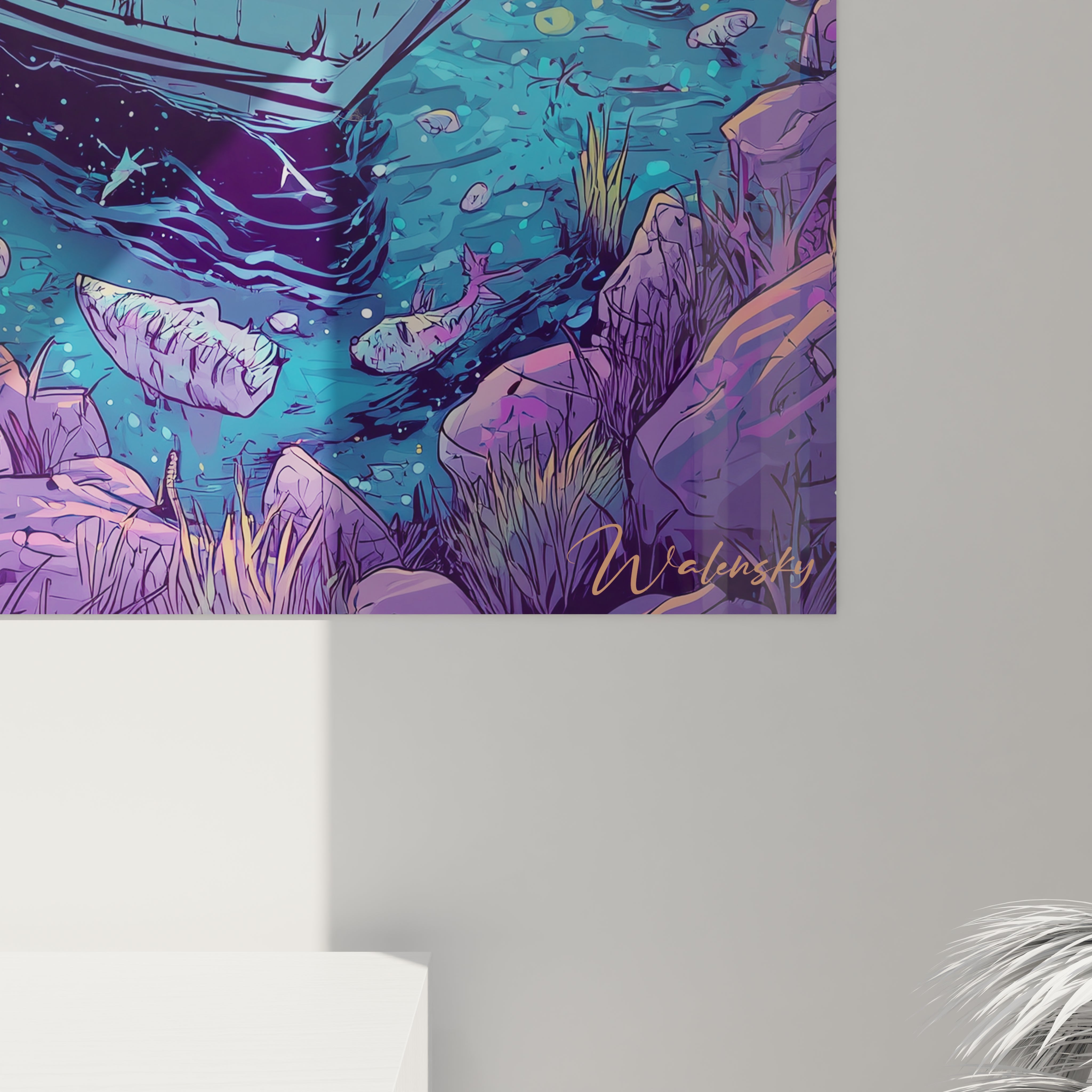 Vue ensemble tableau mural bateau spatial avec nuages roses et skyline futuriste art BD