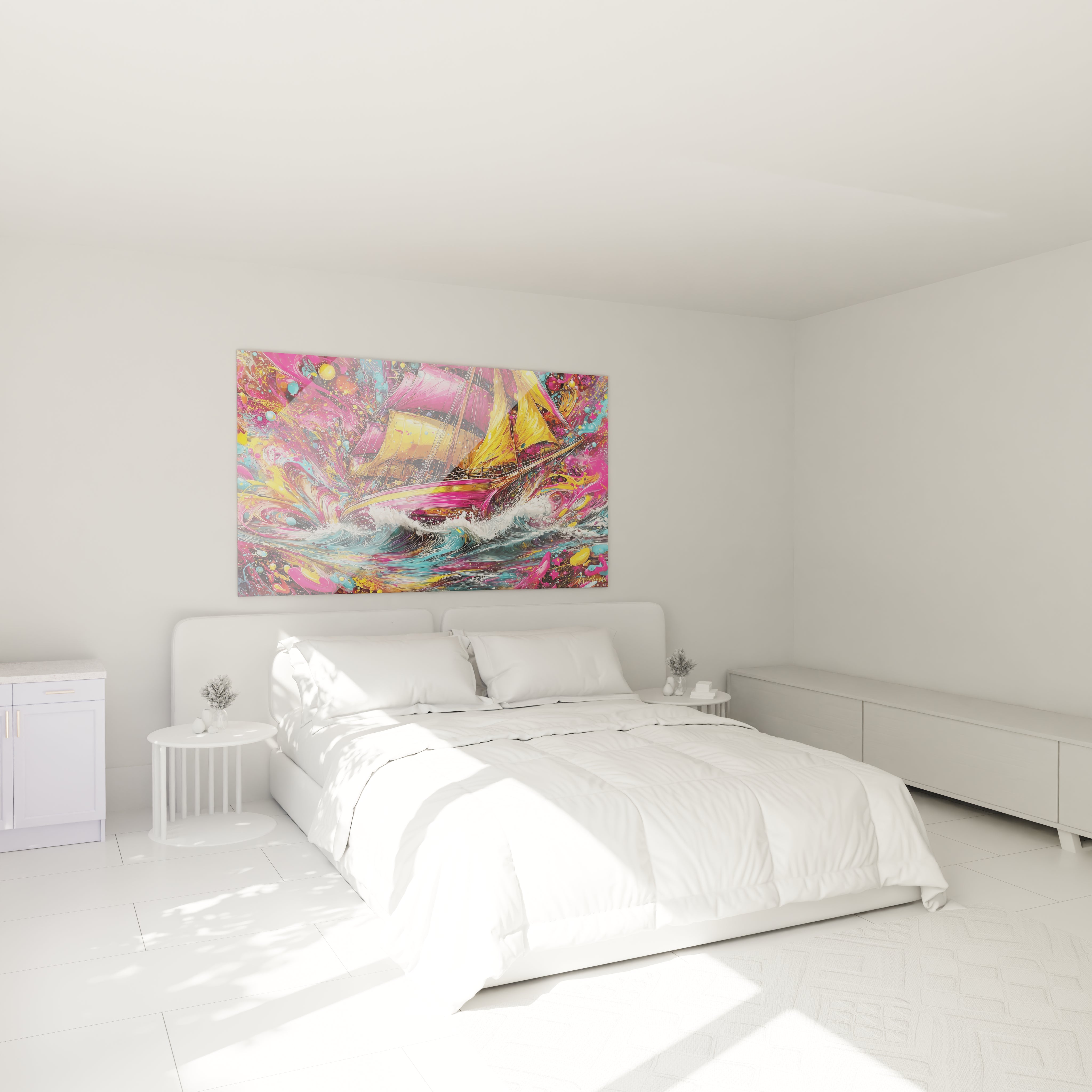 Vue ensemble tableau mural bateau pirate tempête couleurs explosives art contemporain