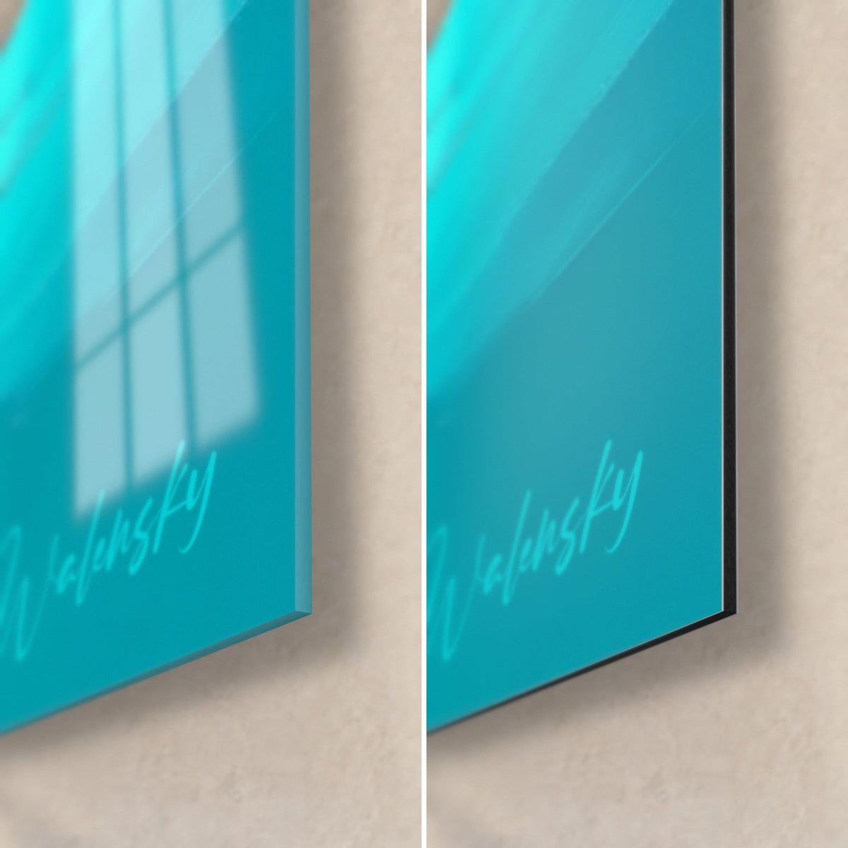 Schilderij zeilschip op spiraal, turquoise hoek rechtsonder: glanzend acrylglas links, mat zwart Dibond-aluminium rechts, rand van 3 mm