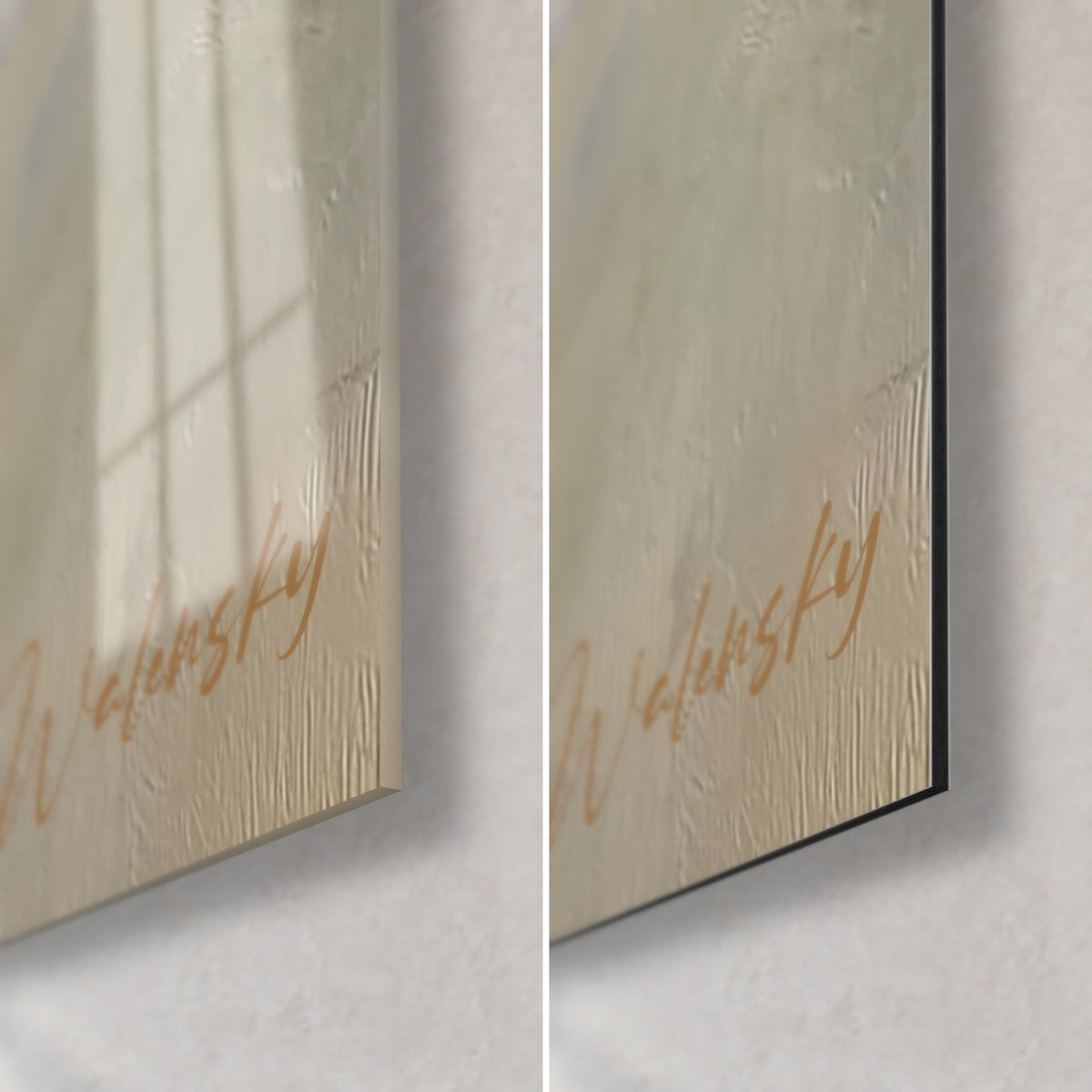 Wall art of a beagle in oil painting, bottom right corner: gold signature on glossy glass on the left and matte white Dibond on the right
