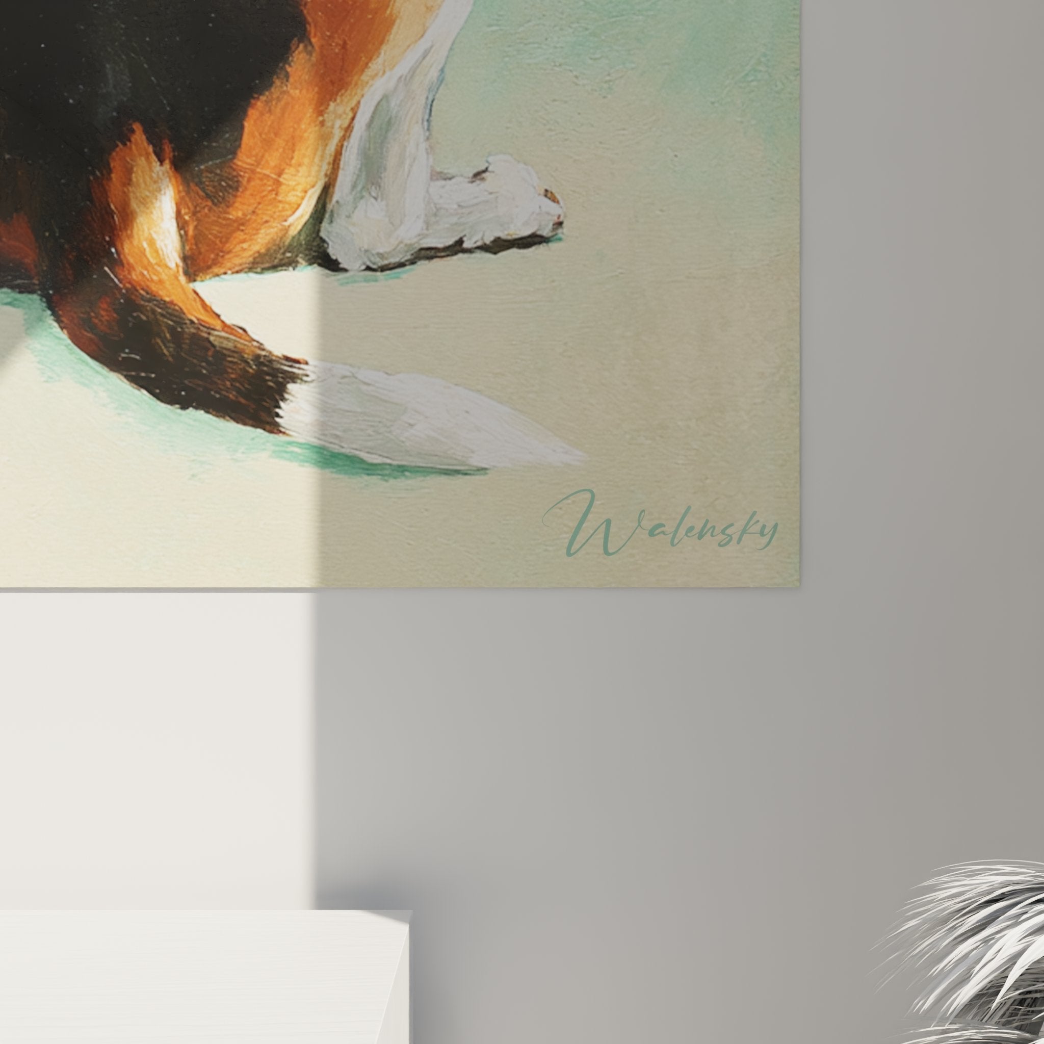 Overview tricolor sitting beagle wall art in modern and warm interior decoration