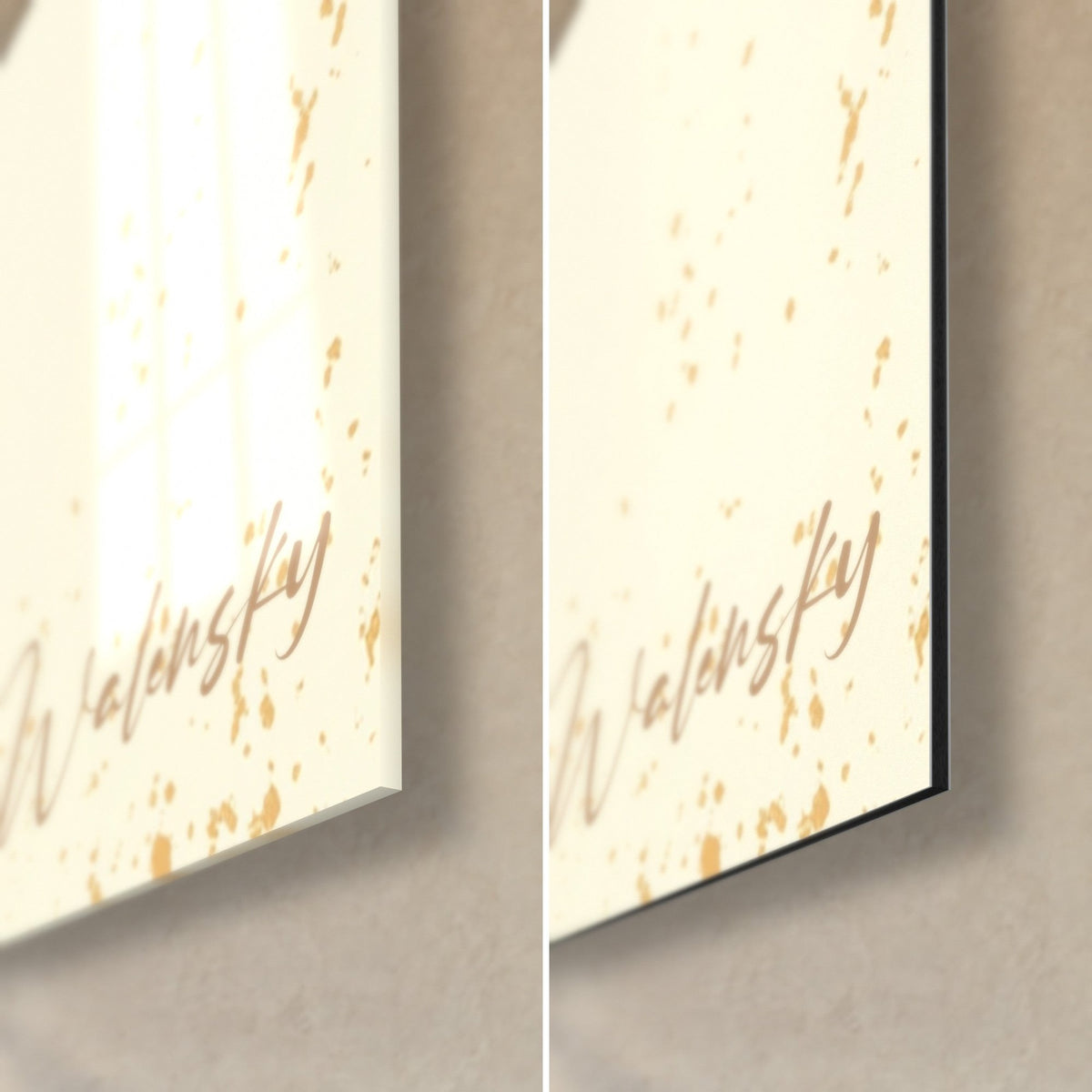 Wall art curious beagle, bottom right corner: golden signature on cream, glossy acrylic glass on the left, matte black Dibond on the right