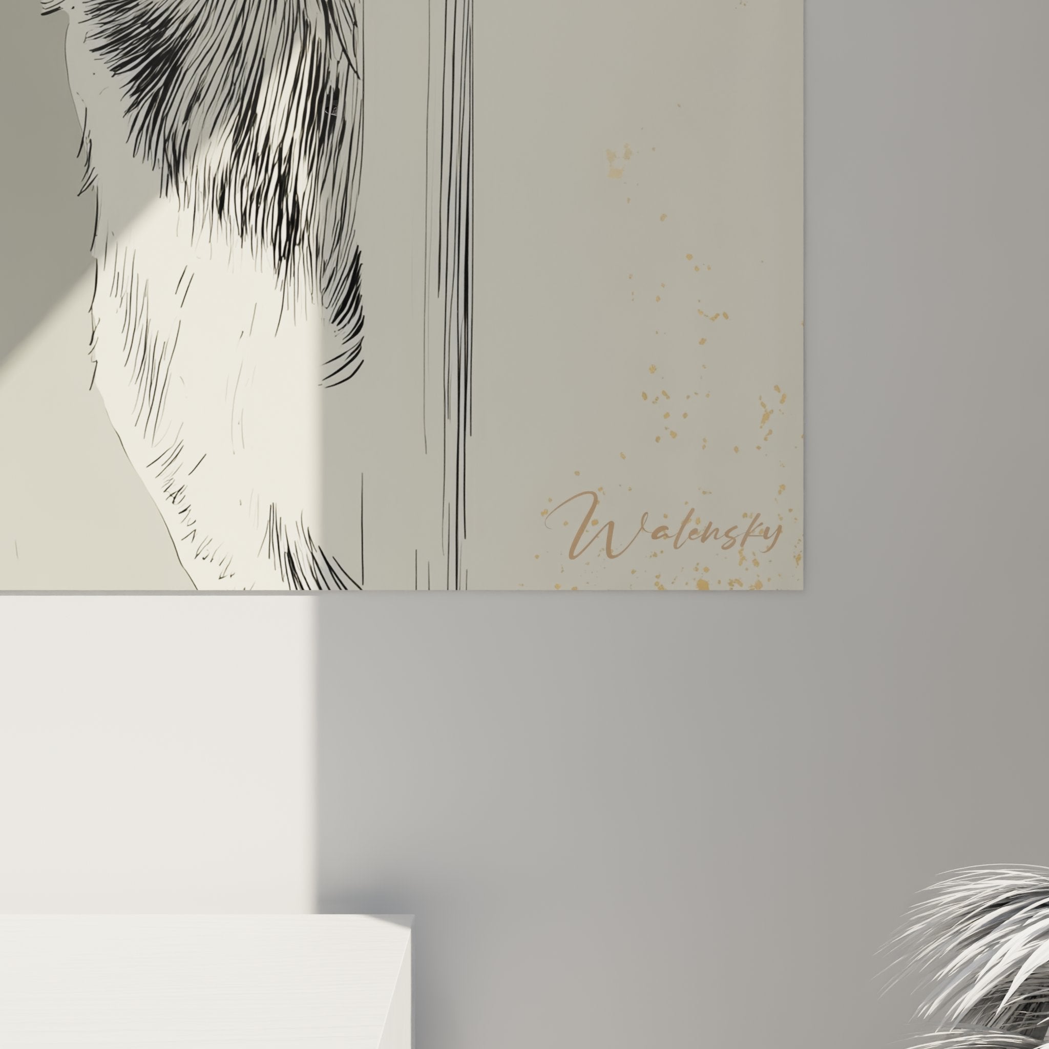 Vue d'ensemble tableau beagle curieux, composition artistique porte entrouverte style contemporain