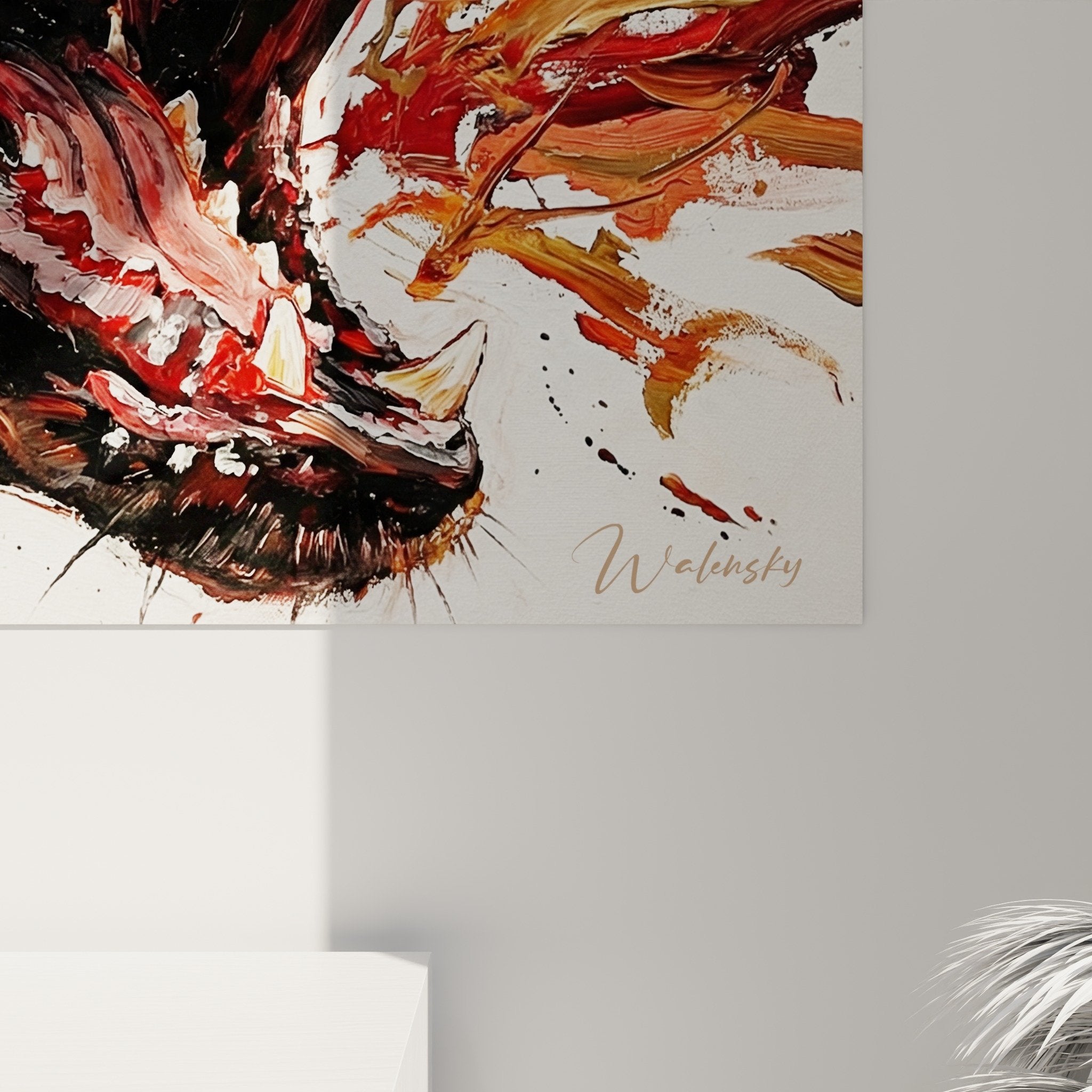 Overview of modern Beauceron artwork, dynamic composition in russet tones, contemporary decorative integration