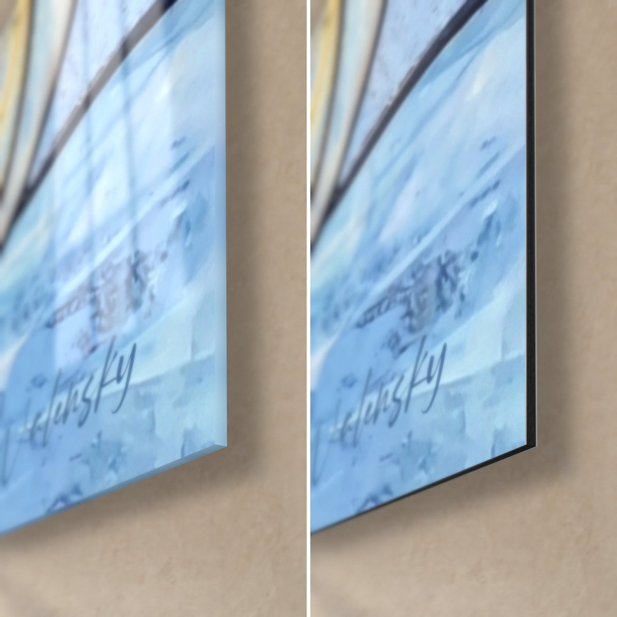 Gemälde Rottweiler im Glasmosaik, eisblaue Ecke unten rechts mit Signatur, glänzendes Glas links, matte Dibond-Platte rechts, 3 mm Kante