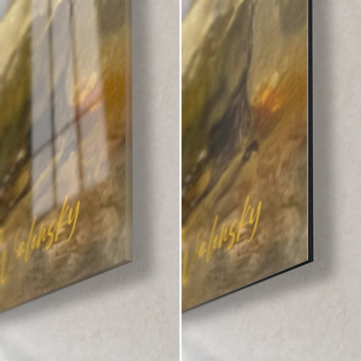 Schilderij Bruin-zwarte hond die dut, rechtsonder: glanzend acrylglas dat het raam weerspiegelt, matte Dibond, rand van 3 mm