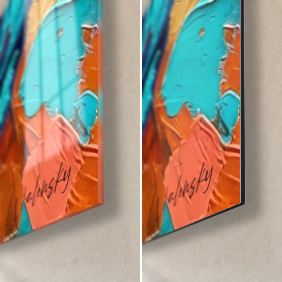 Schilderij Duitse herder geschilderd in dik impasto, turquoise en koraalkleurige hoek, glanzend glas en mat Dibond, 3 mm dik