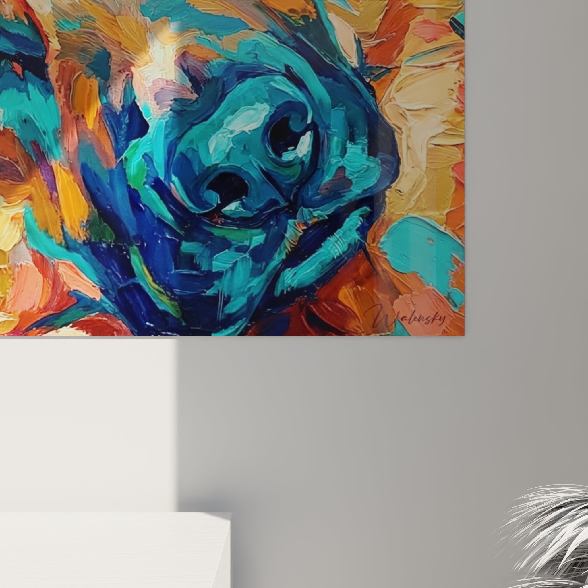 Overview of expressionist german shepherd painting in decorated interior