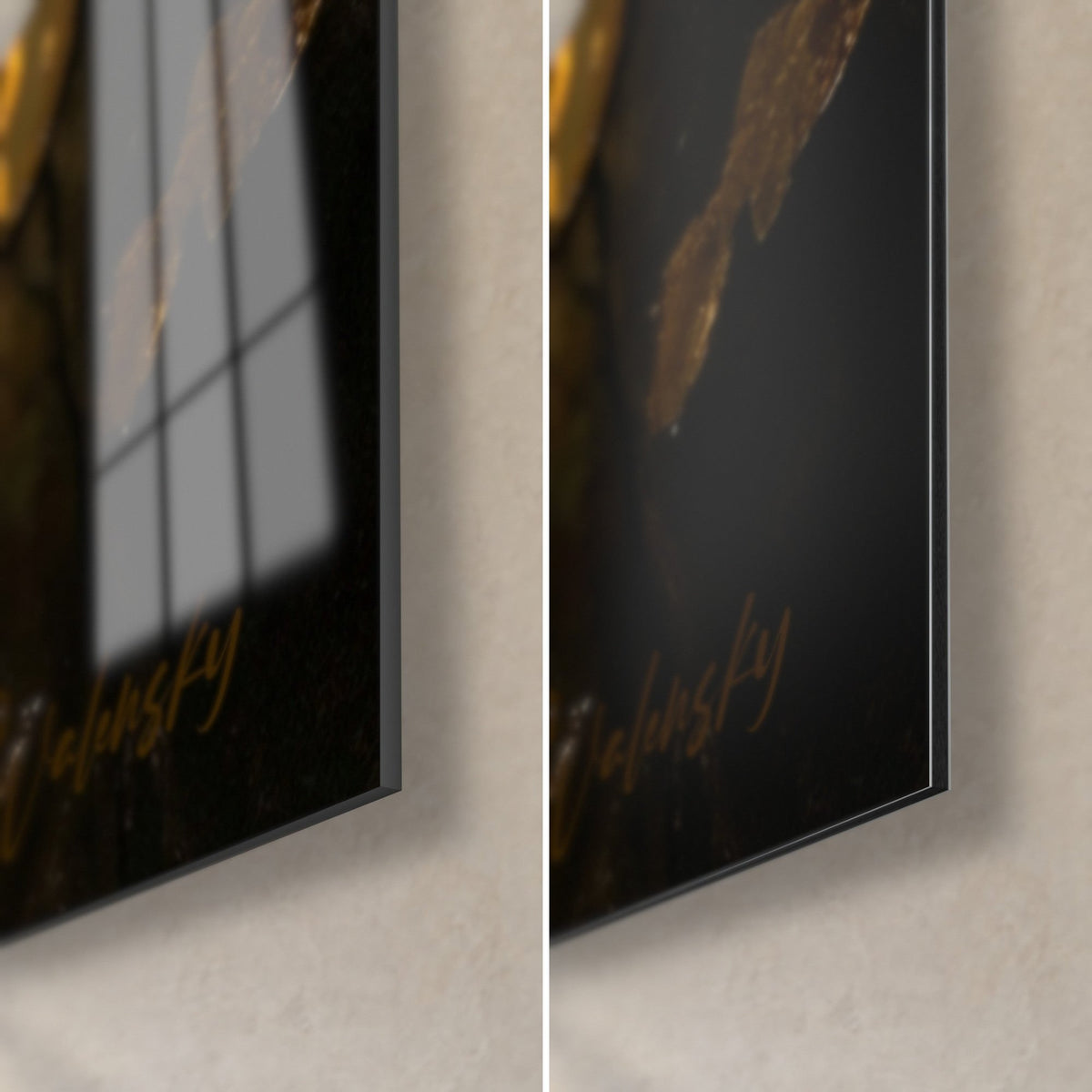 Gemälde eines schwarzen Molosser, goldene Walensky-Signatur: untere rechte Ecke aus glänzendem Acrylglas und mattschwarzem Dibond-Alu, 3 mm Kante