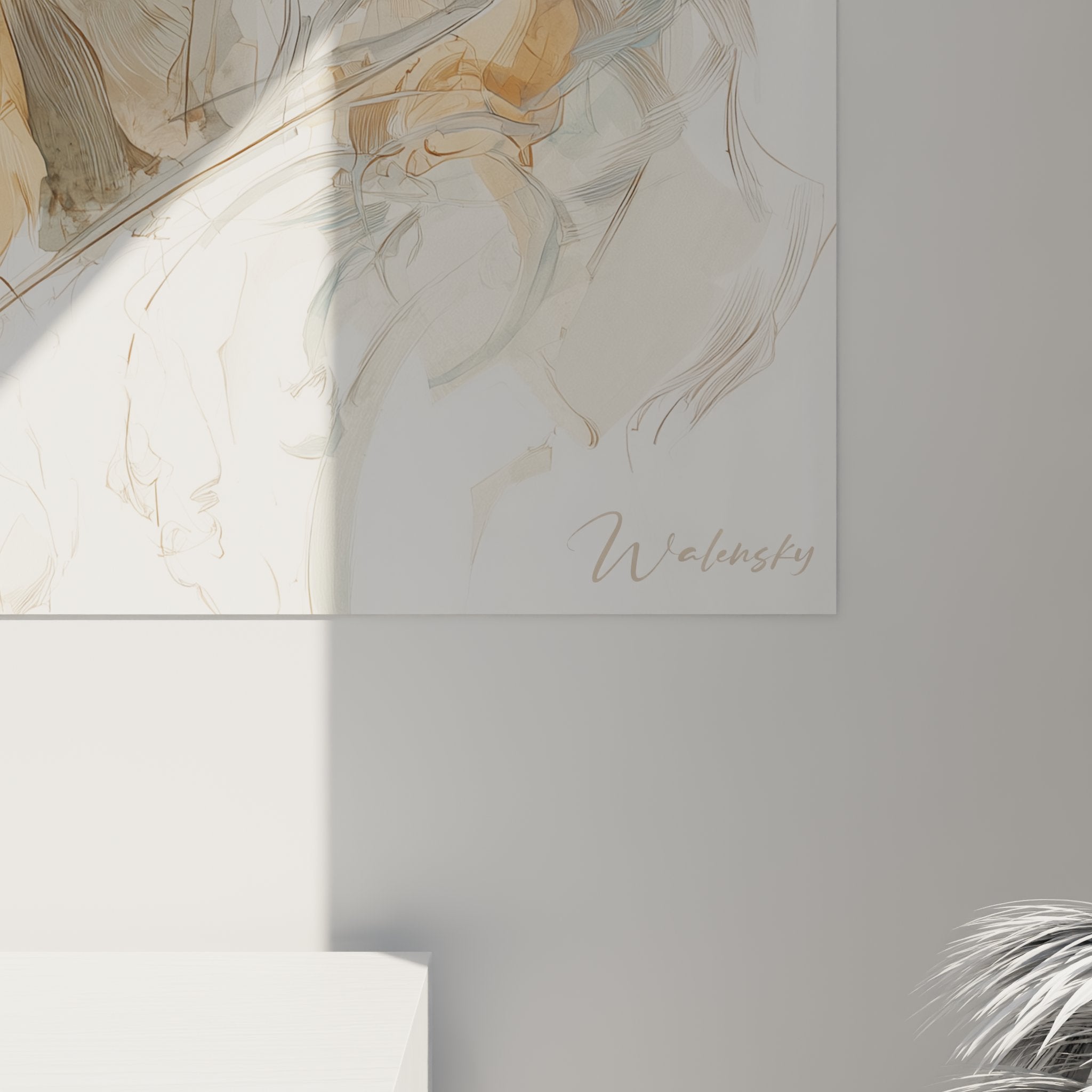 Übersichtsansicht des Australian Shepherd Gemäldes mit dreifarbigem Design und goldenen Schnörkeln in minimalistischem Interieur