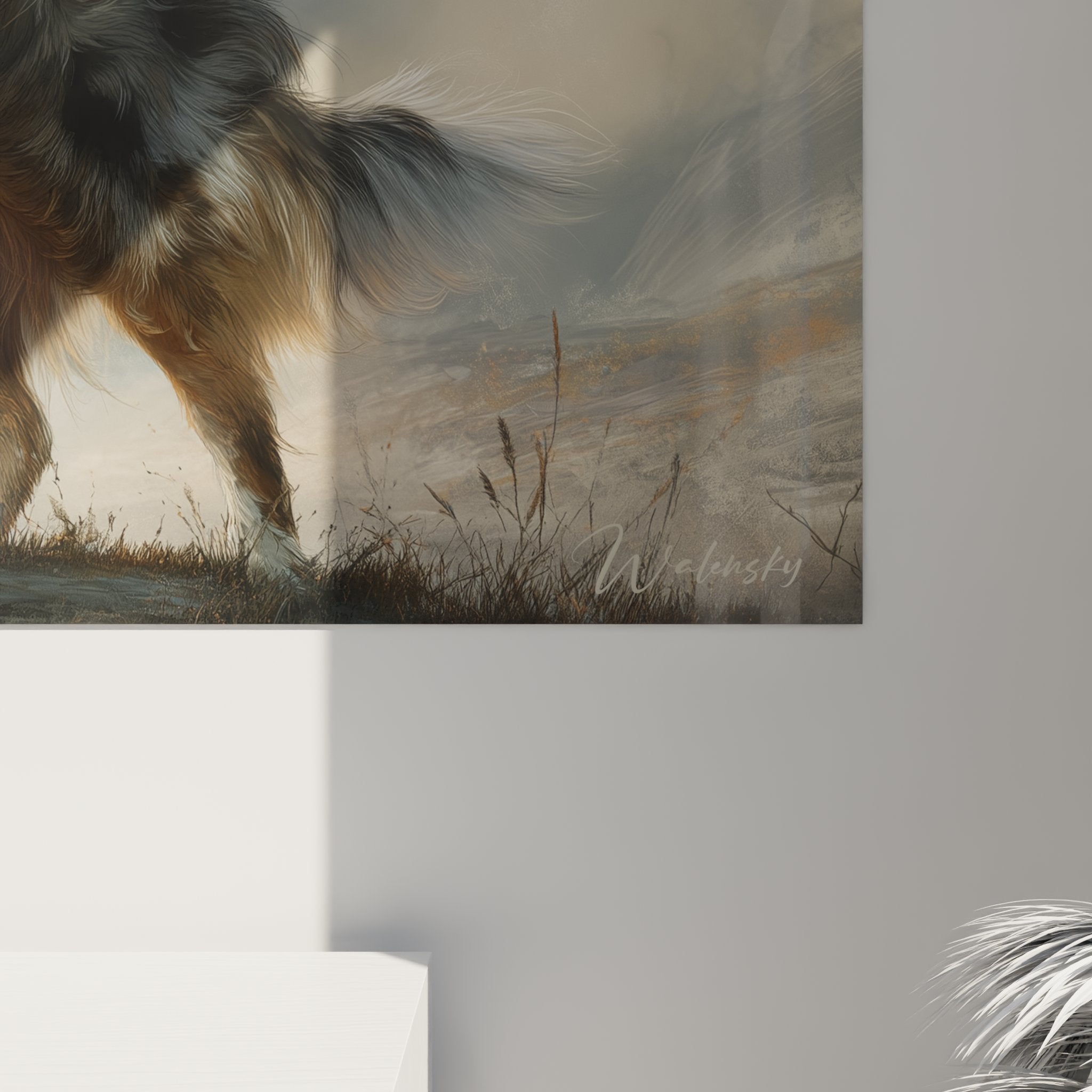 Full view contemplative Australian Shepherd wall art modern living room interior decoration warm colors