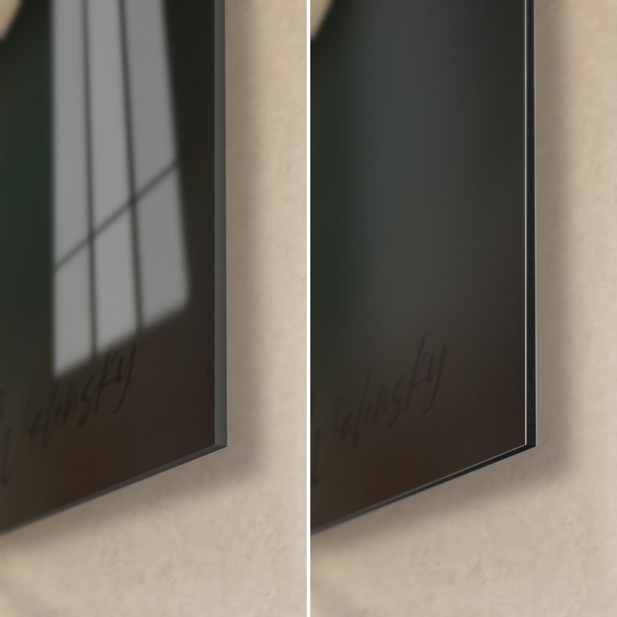 Wall art portrait of a black and fawn dog, bottom right corner, glossy acrylic glass with reflections on the left, matt Dibond on the right, 3 mm edge