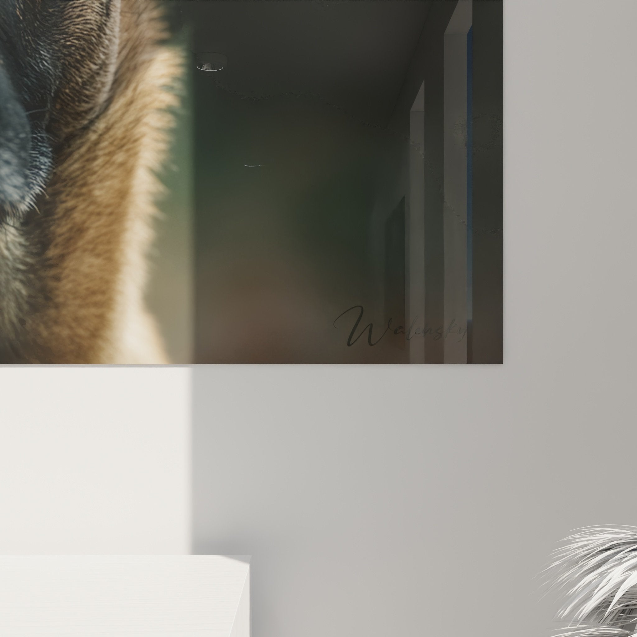 Gesamtansicht des Porträtgemäldes Belgischer Schäferhund Malinois in zeitgenössischem Interieur - Wanddekoration mit Hundemotiv