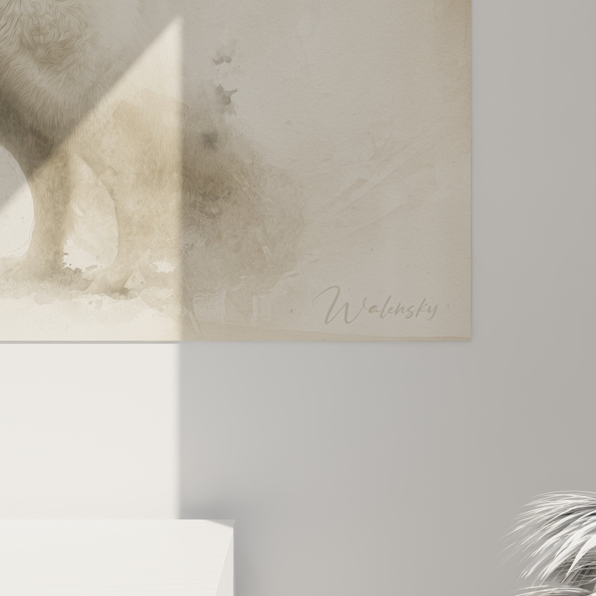 Vue d'ensemble du tableau portrait Berger Blanc Suisse sépia dans un intérieur moderne
