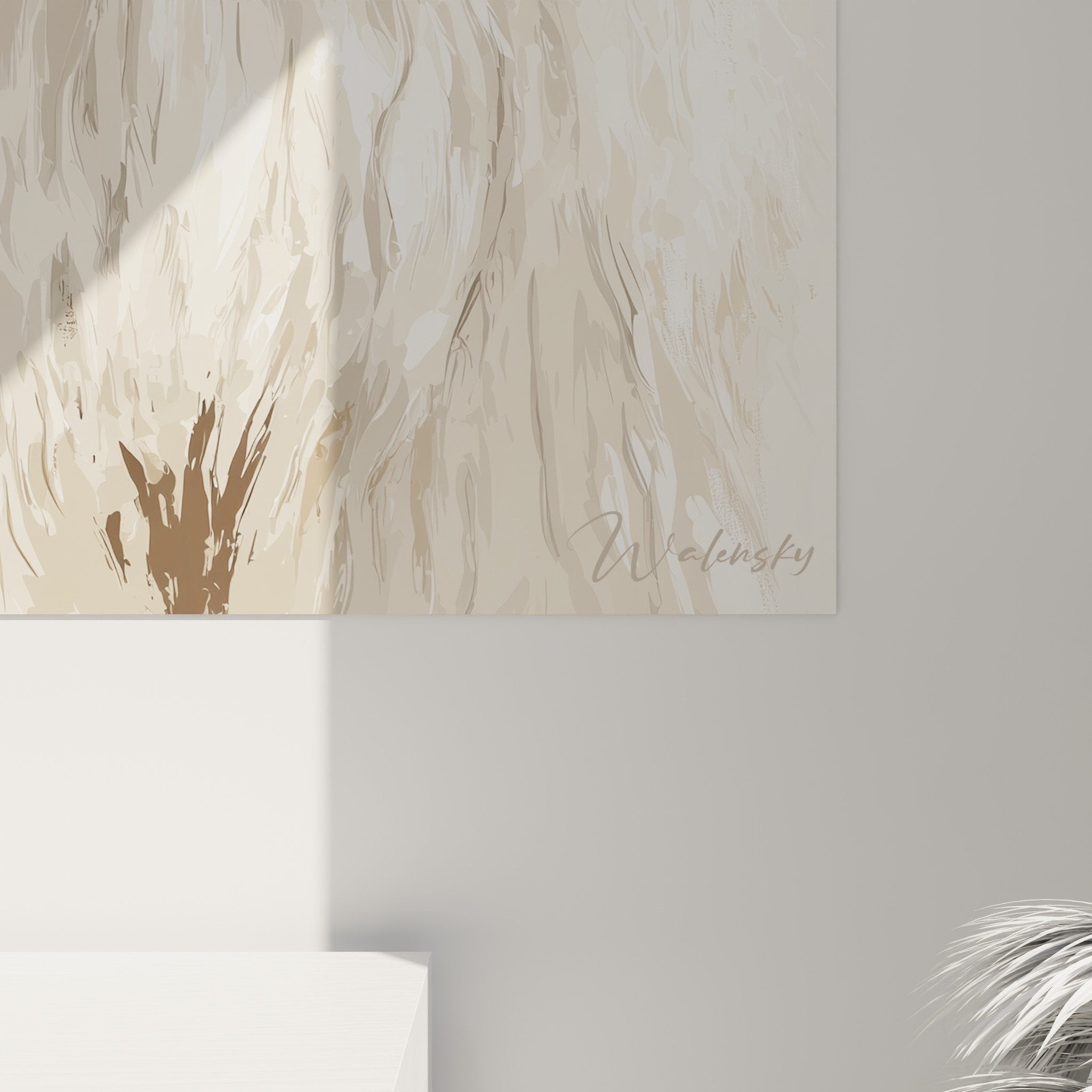 Panoramica quadro cane pastore ungherese, cornice elegante, tonalità neutre armoniose, arte murale contemporanea