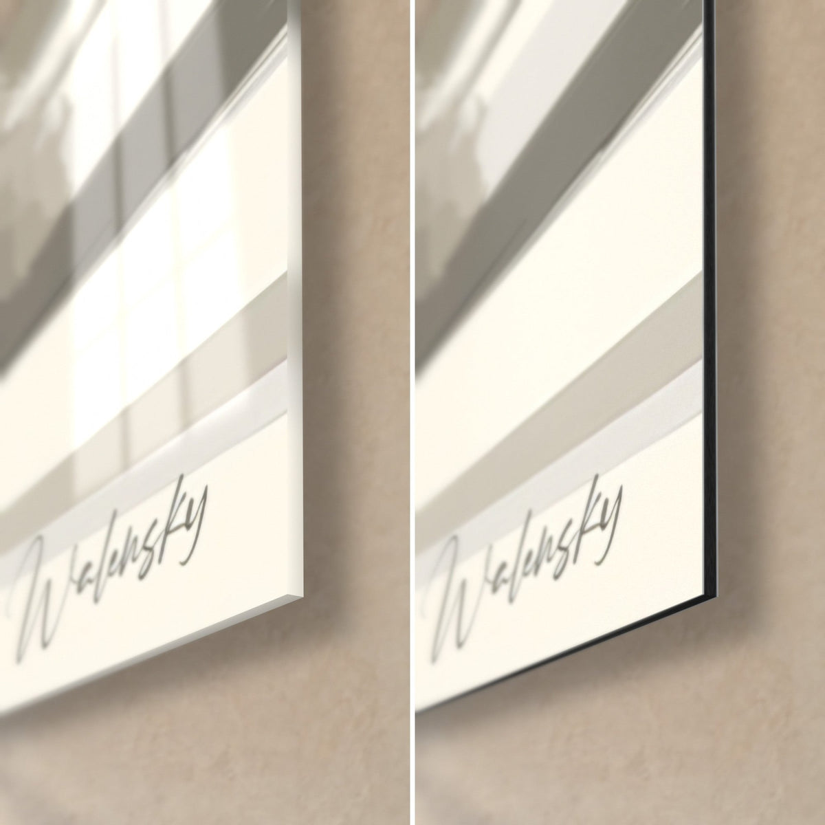 Gemälde eines kleinen weißen Hundes, untere rechte Ecke: glänzendes Acrylglas links, mattschwarzes Dibond rechts, Signatur Walensky