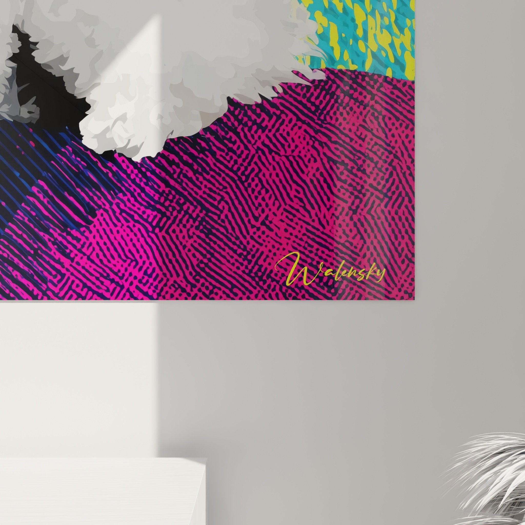 Vue ensemble tableau mural Bichon Frise style pop art couleurs vives decoration interieur