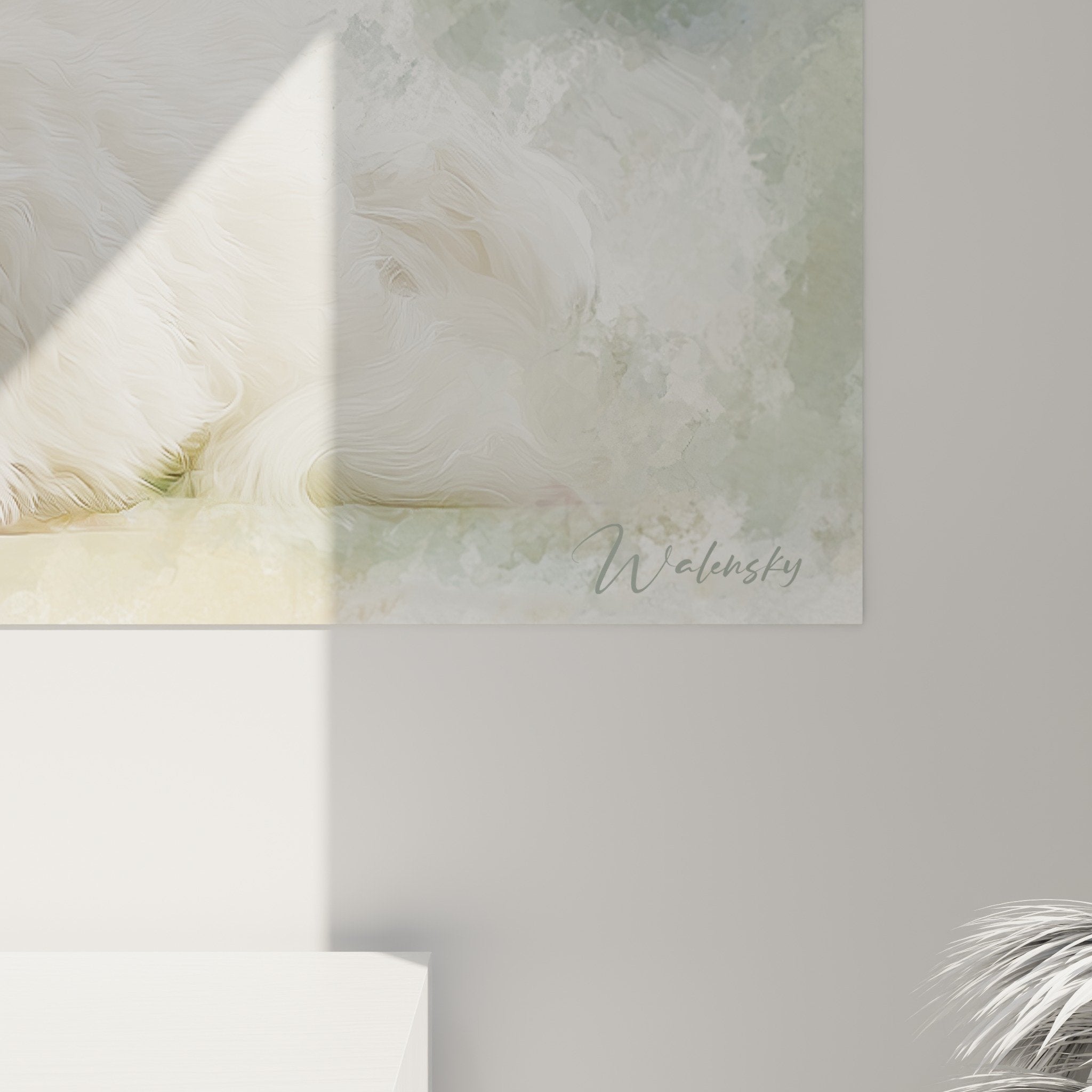 Vue ensemble tableau Bichon Havanais blanc mur salon décoration intérieure style moderne élégant