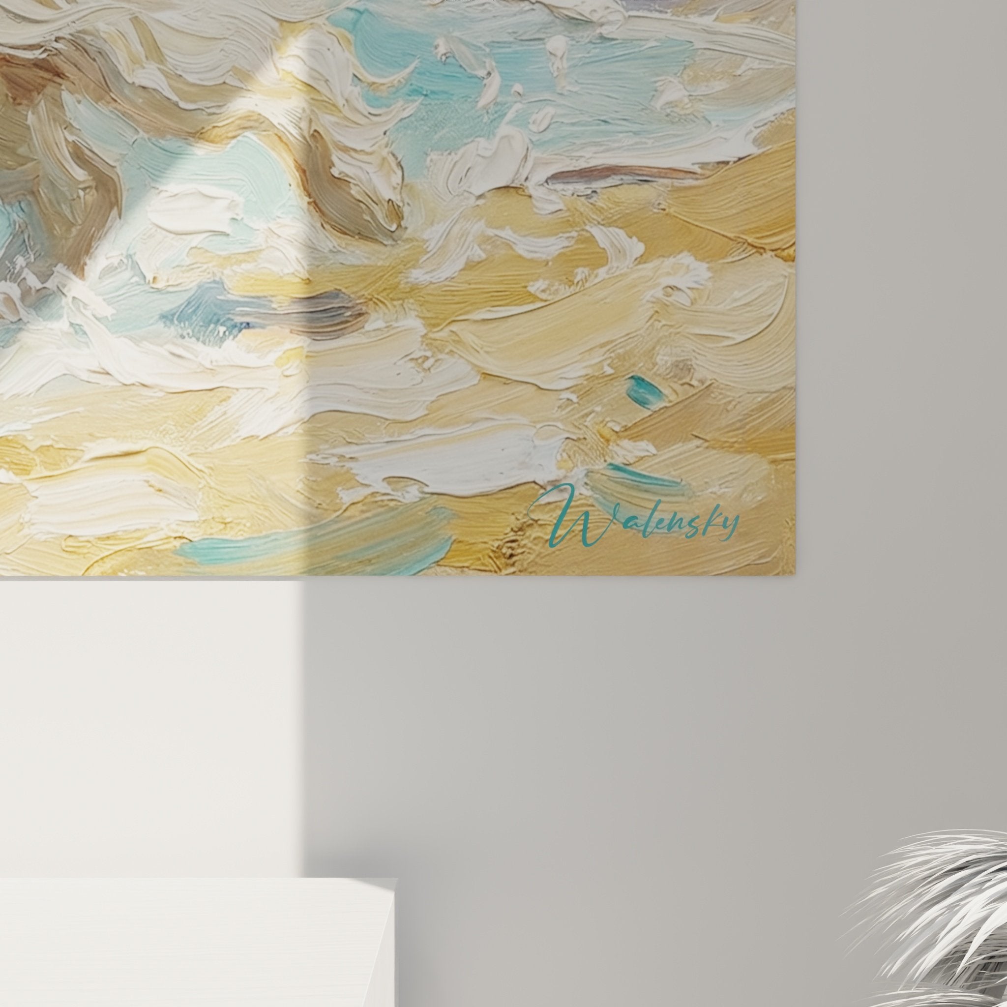 tableau mural bichon maltais scene plage perspective salon decoration marine contemporaine