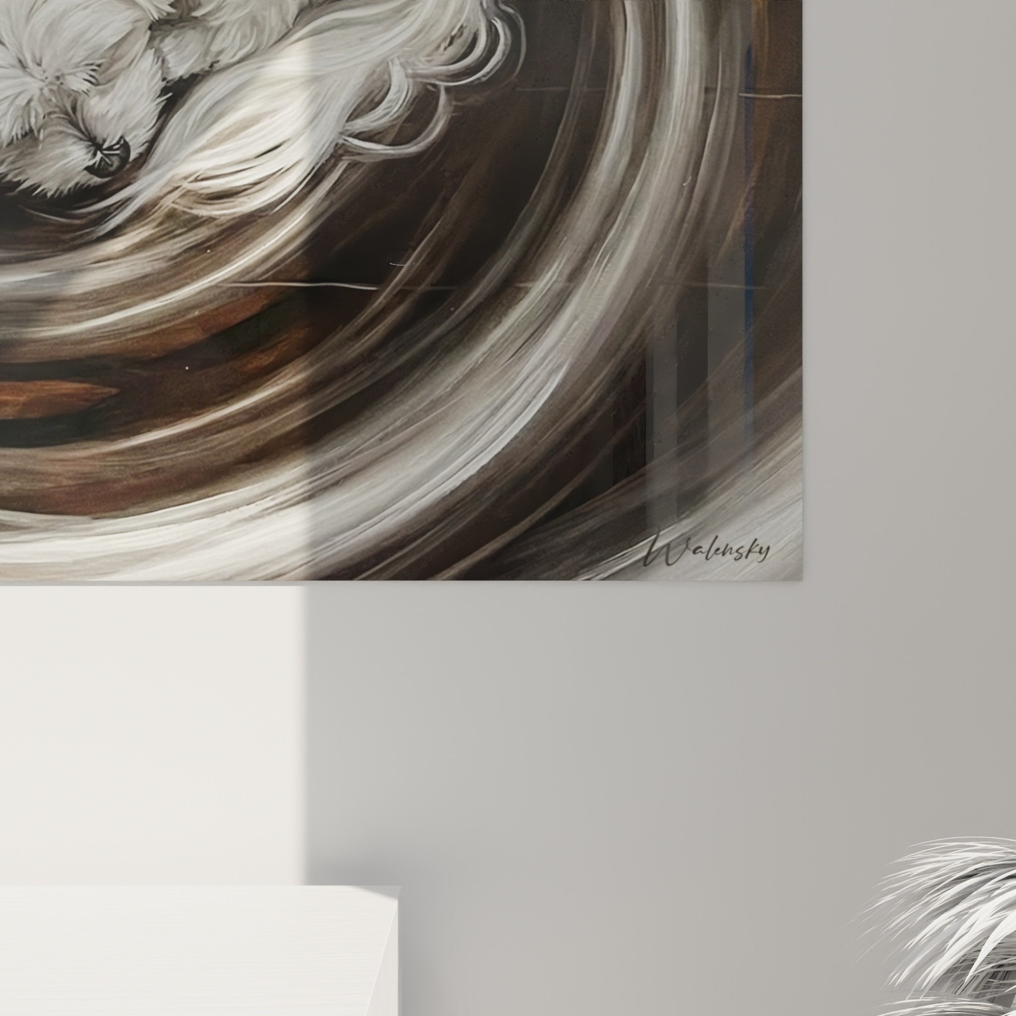 Vue ensemble tableau mural Bichon Maltais spirale artistique, décoration intérieur moderne art contemporain