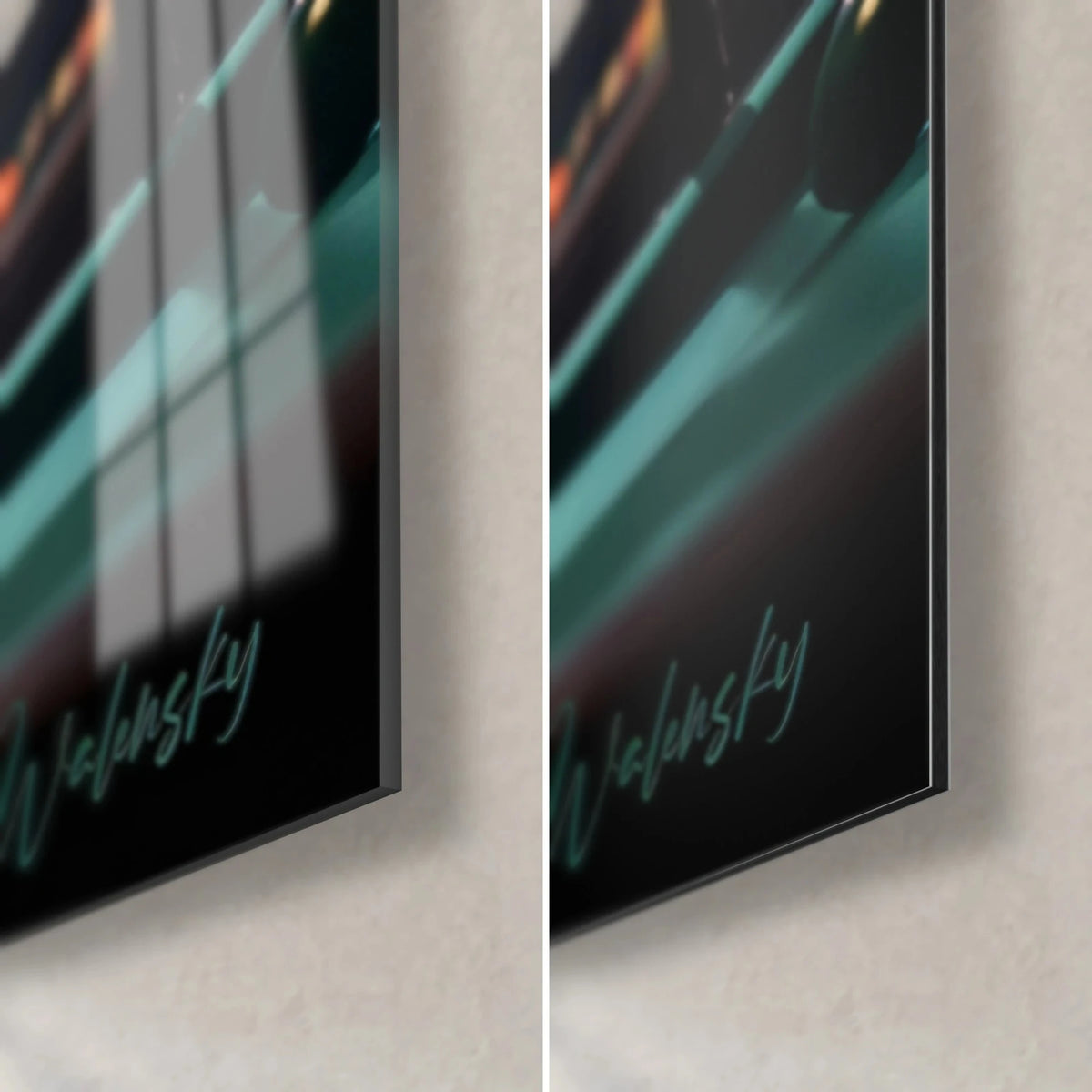 Wall art triumphant billiards player, bottom right corner: glossy glass with reflections on the left, matte black Dibond on the right, 3 mm edge