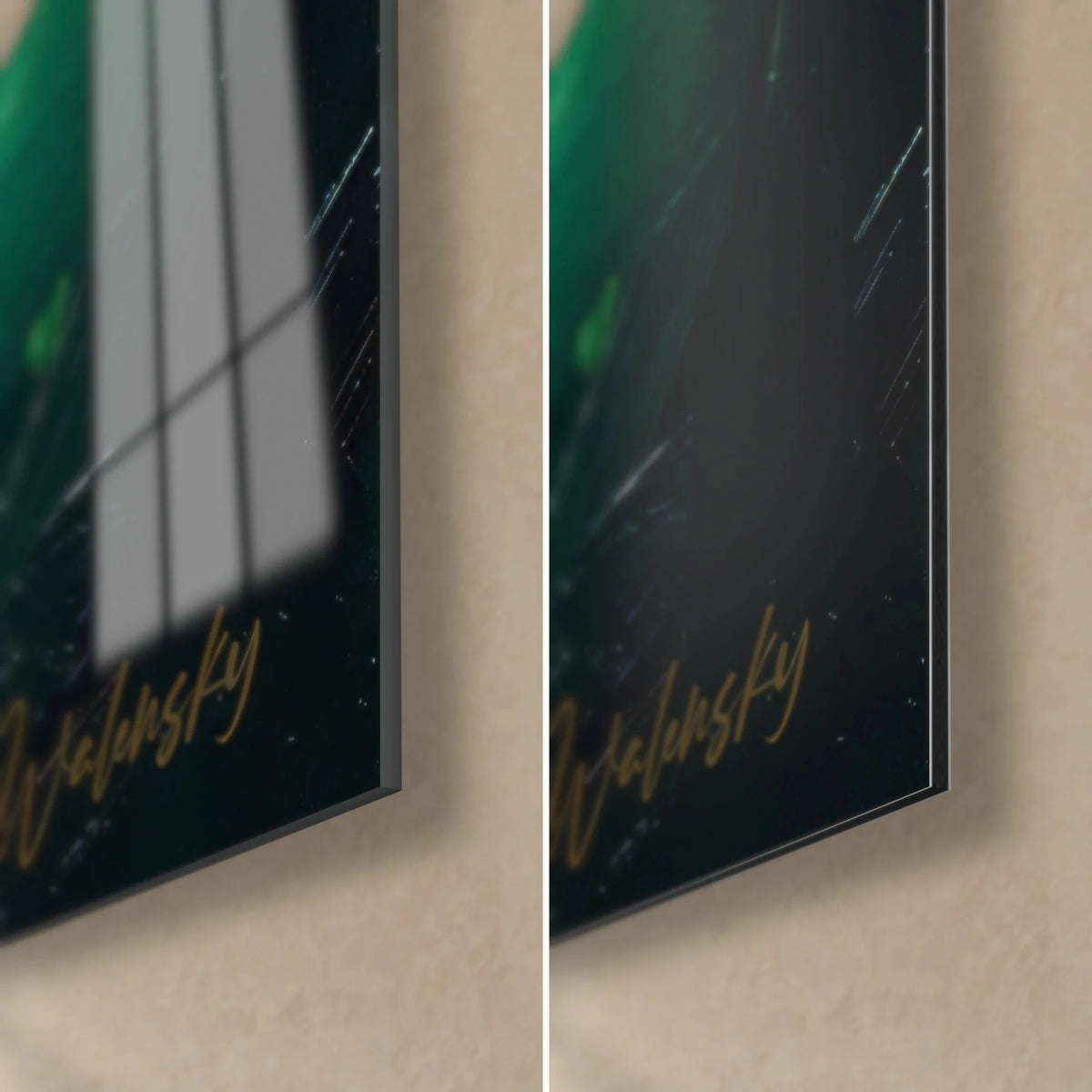 Wall art painted billiard triangle, lower right corner: glossy acrylic glass with reflections on the left, matte black Dibond on the right