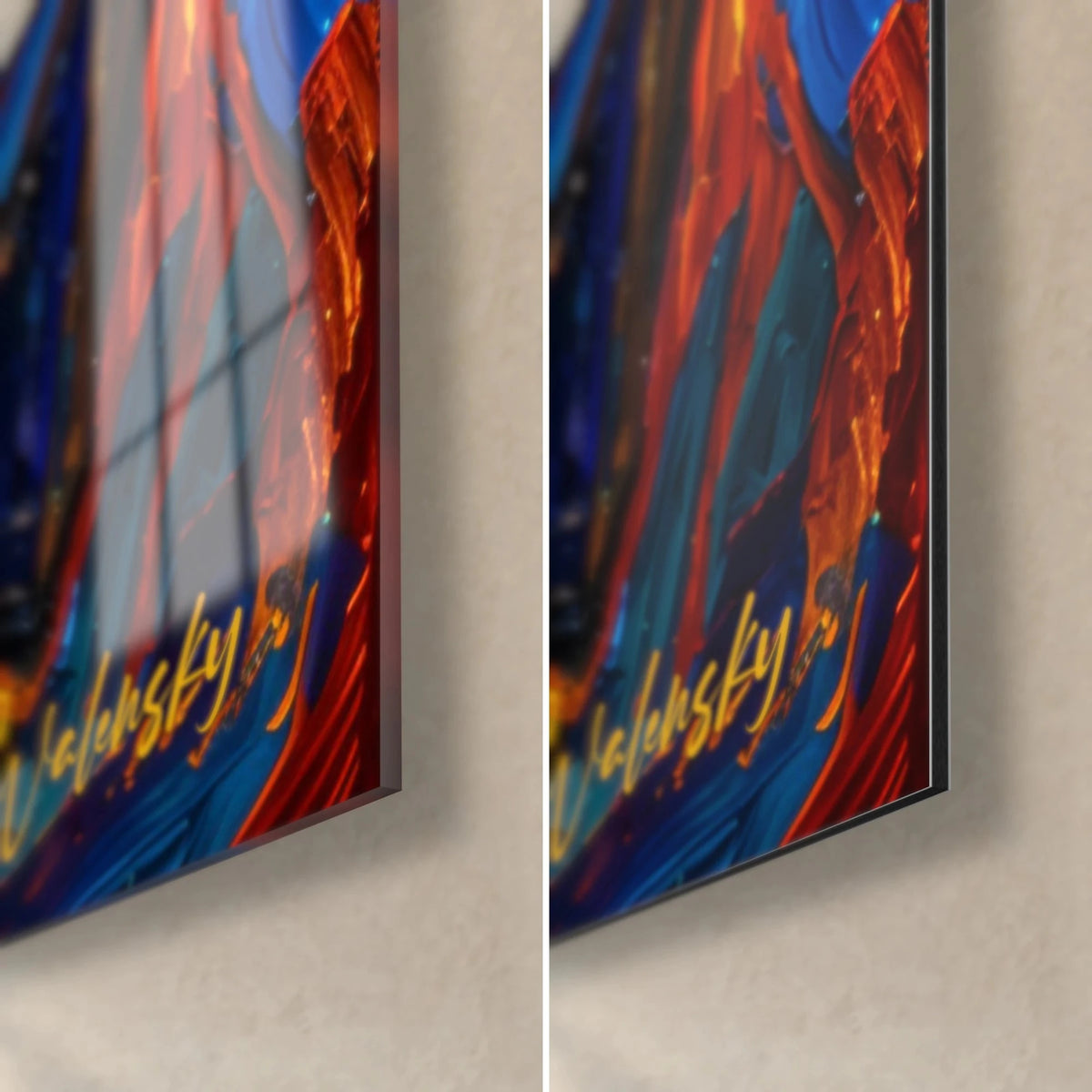 Gemälde mit Queue und dicken orangefarbenen und nachtblauen Pinselstrichen, untere rechte Ecke aus glänzendem Acrylglas und mattem Dibond, 3 mm Kante