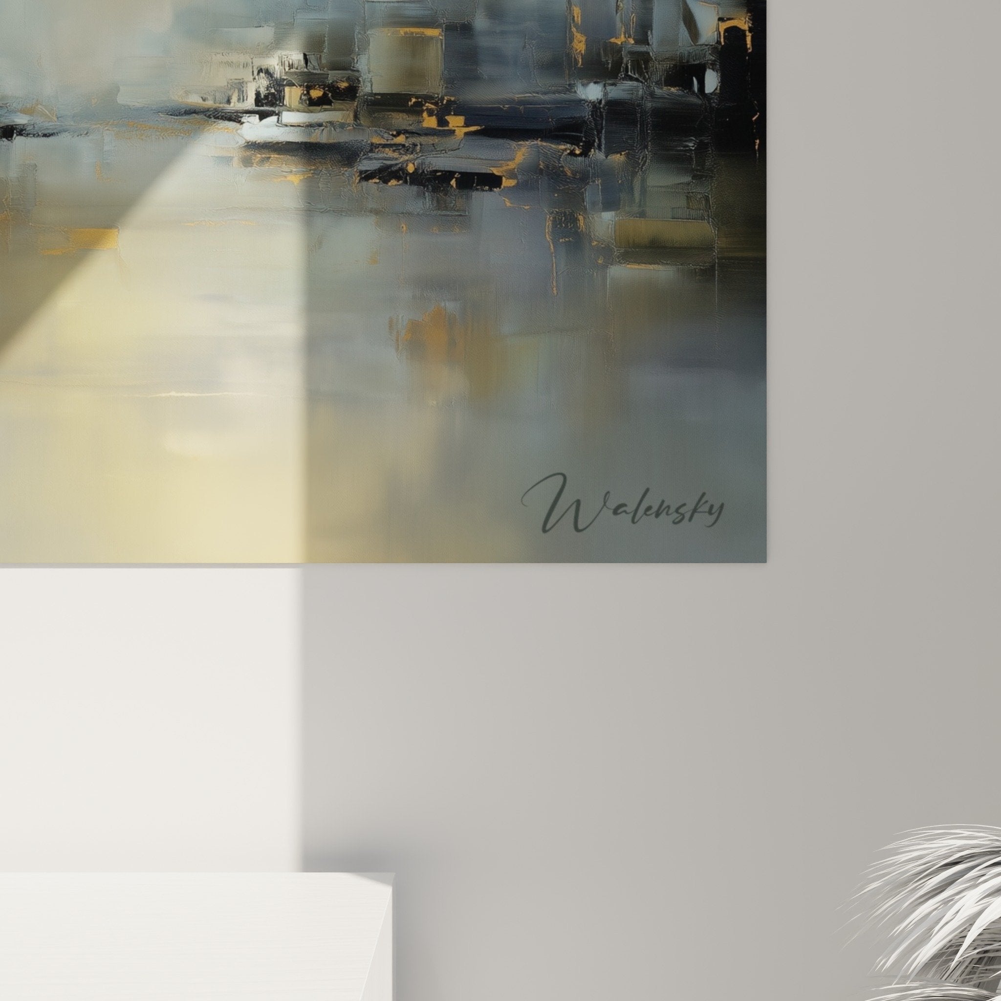 Vue d'ensemble tableau abstrait bleu métallique doré déco feng shui nord-ouest métal