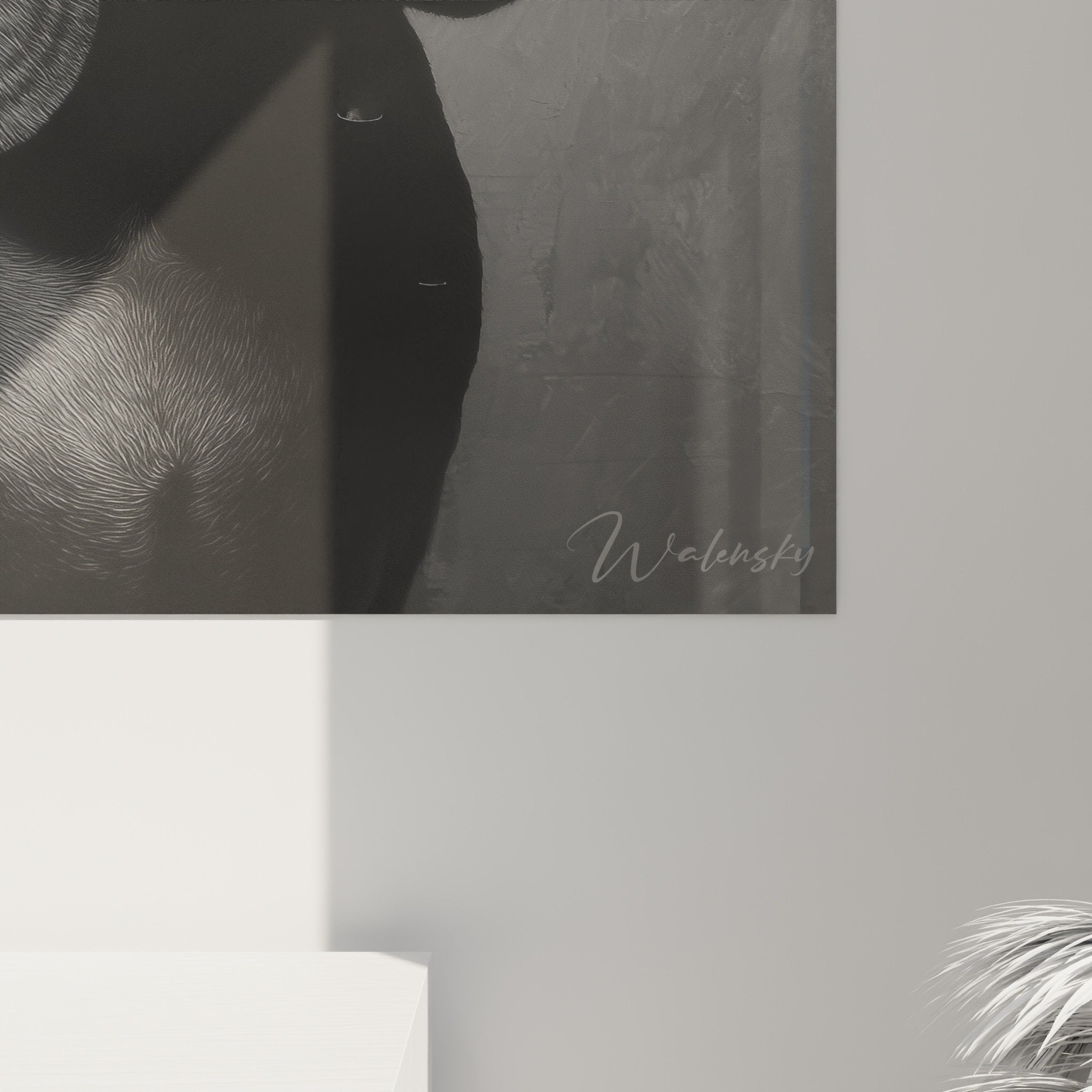 Vue d'ensemble tableau Bloodhound contemplatif, œuvre d'art animalier en noir et blanc pour intérieur