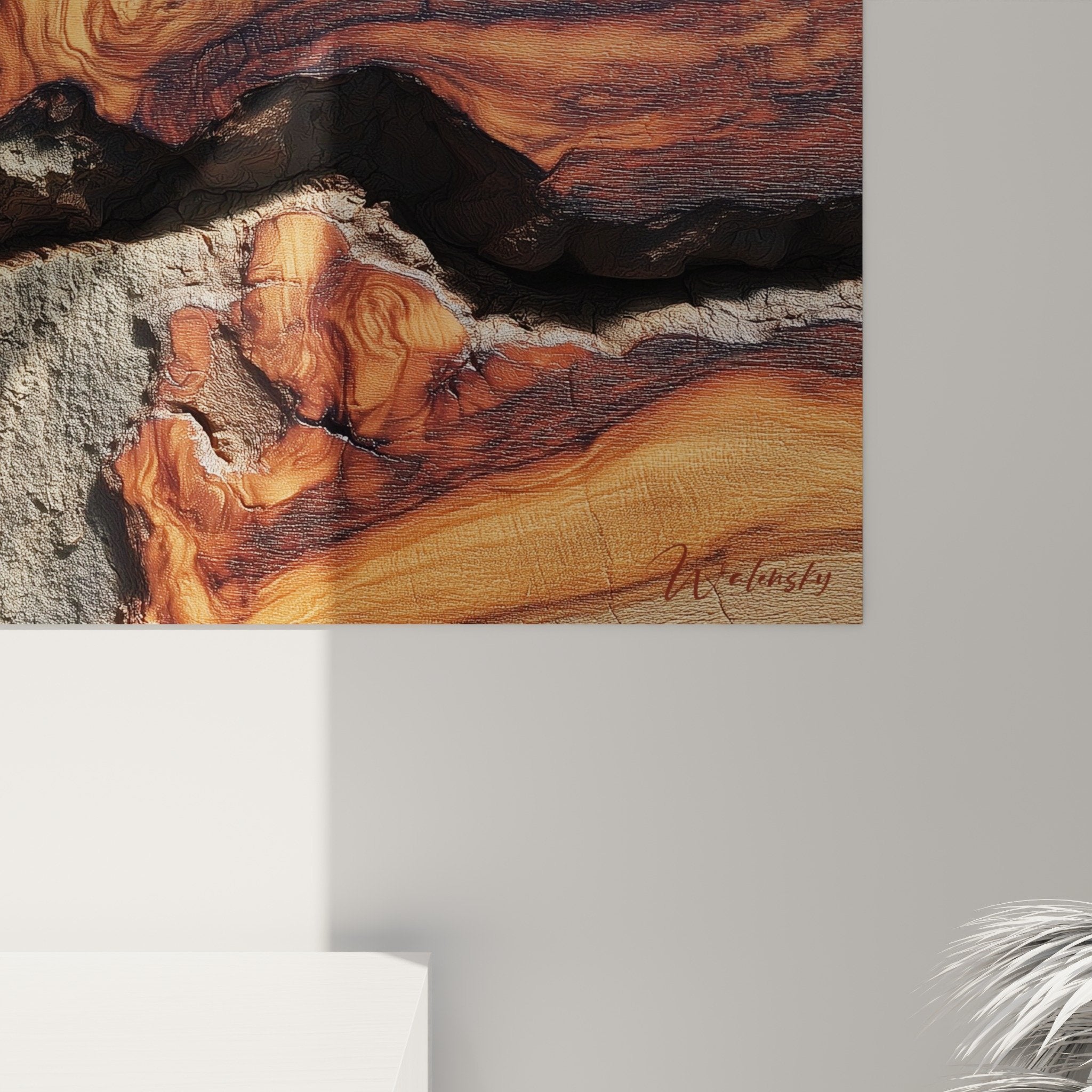 full view natural wood painting with orange veining black cracks wall decoration feng shui east wood