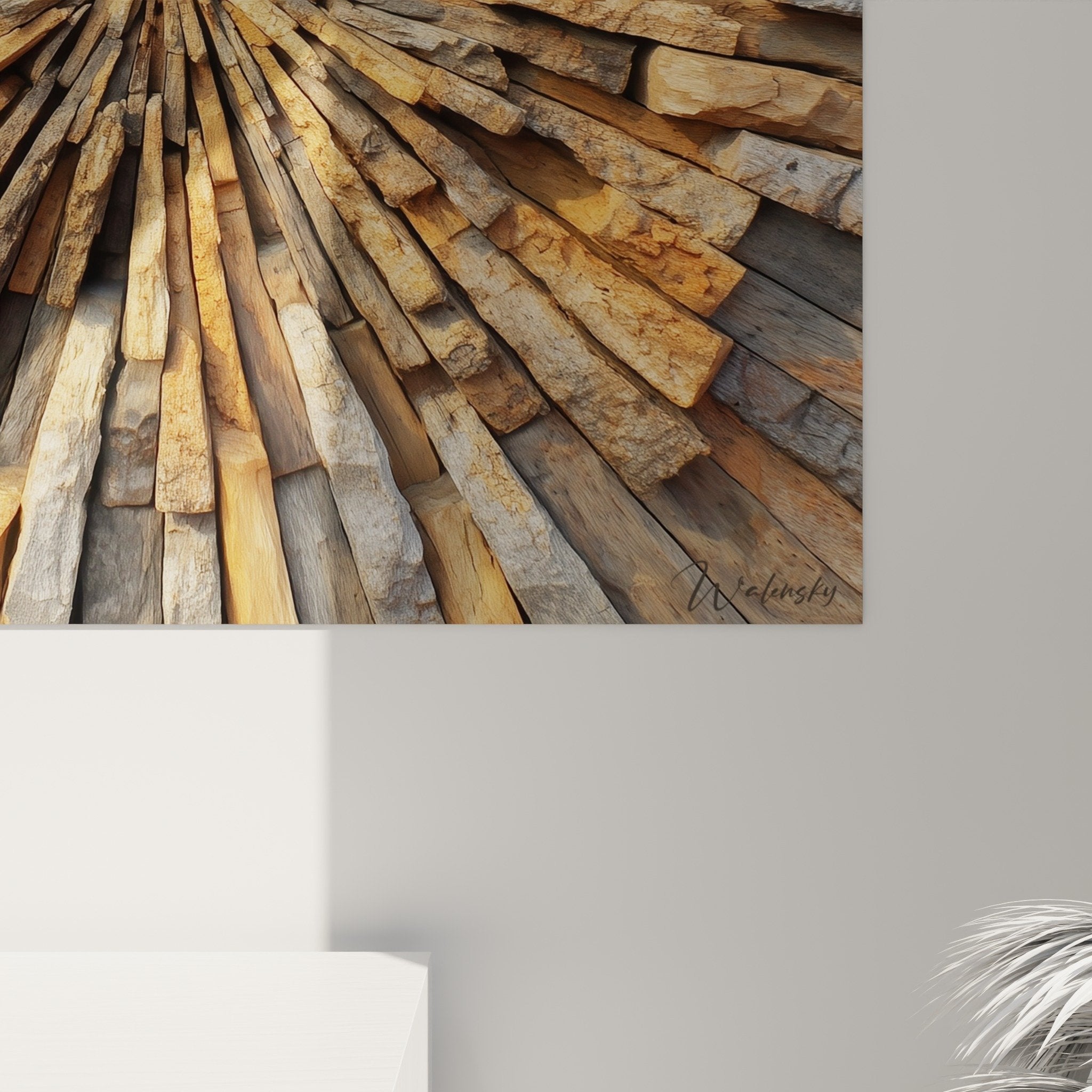 Vue ensemble tableau perspective radiale bois naturel salon decoration murale feng shui planches assemblees tons chauds