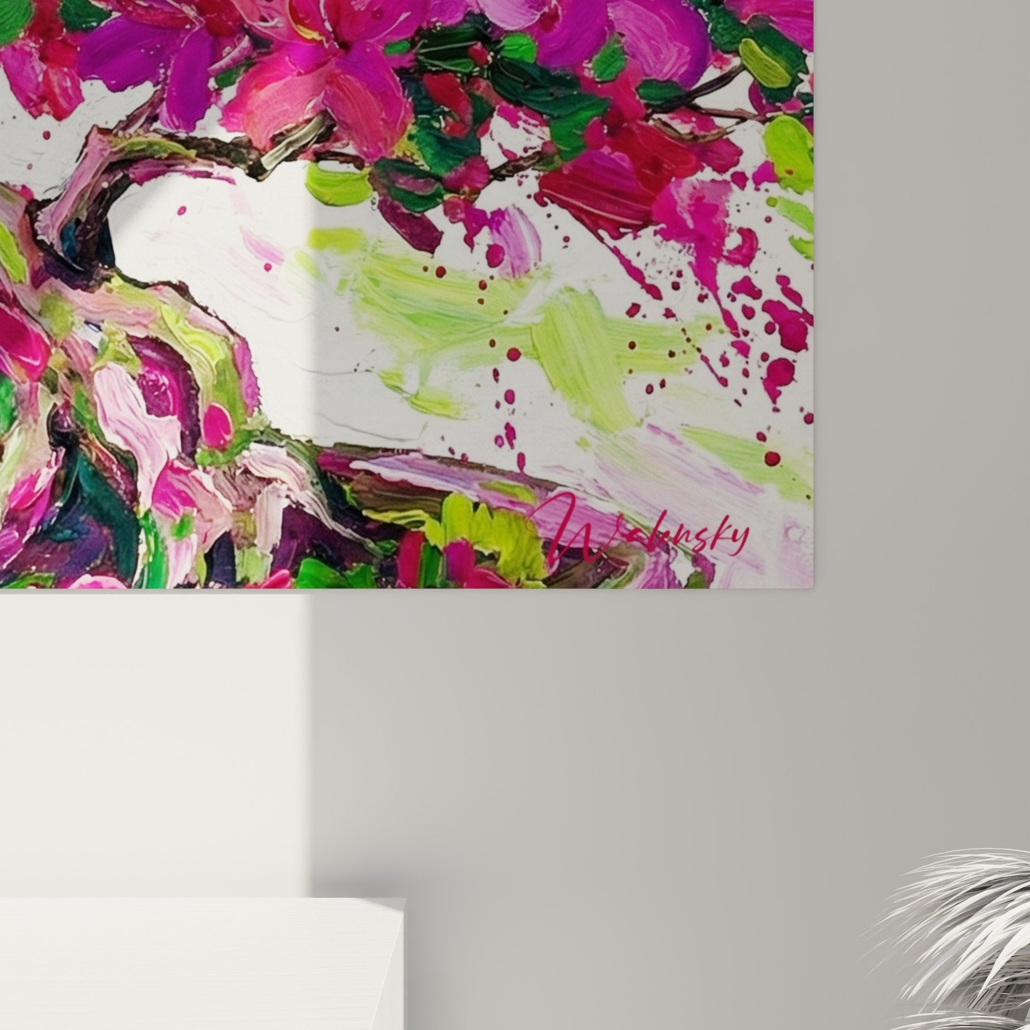 Overview of pink magenta flowering bonsai wall art in minimalist modern living room