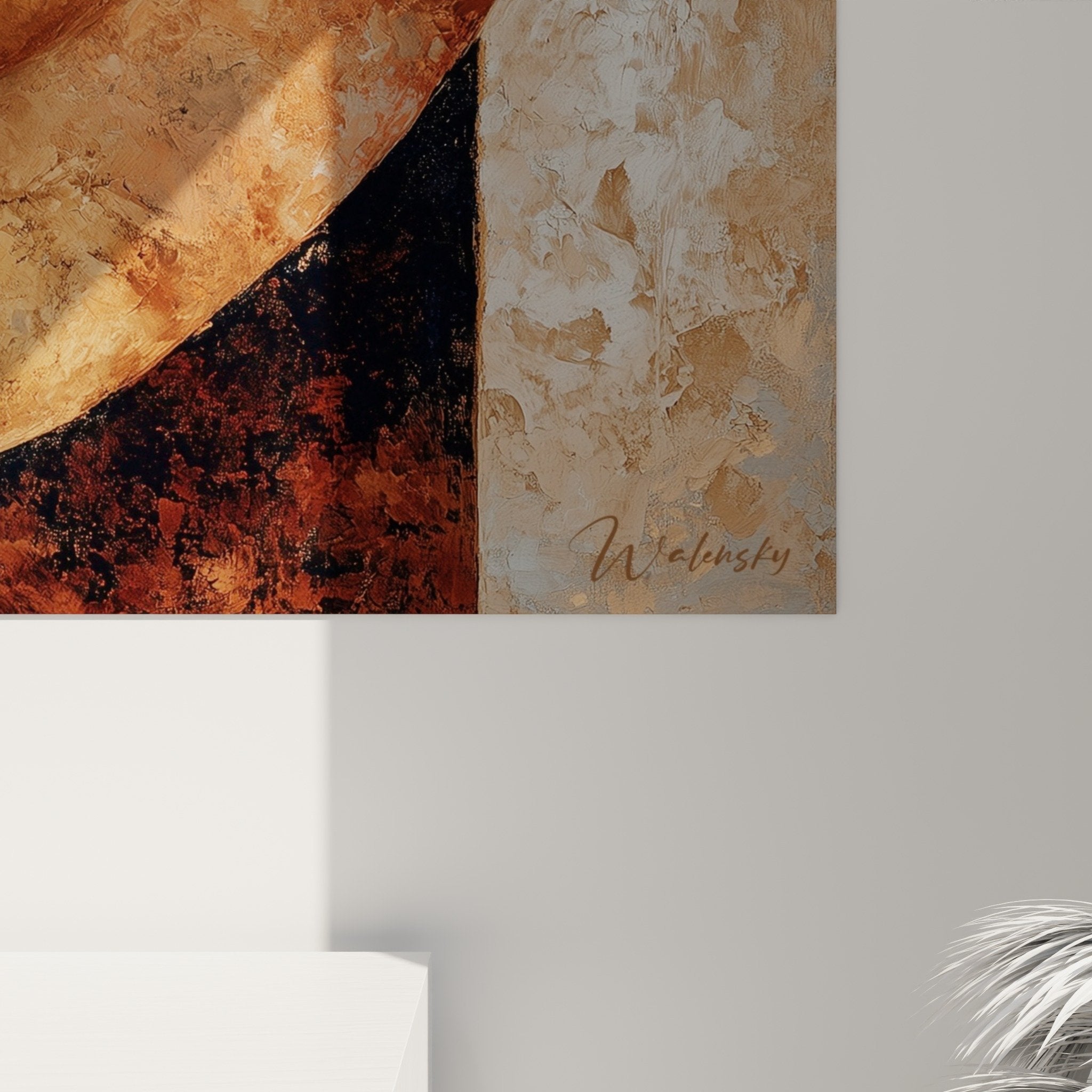Overview of the Meditative Buddha artwork, artistic composition with earthy tones in a modern interior