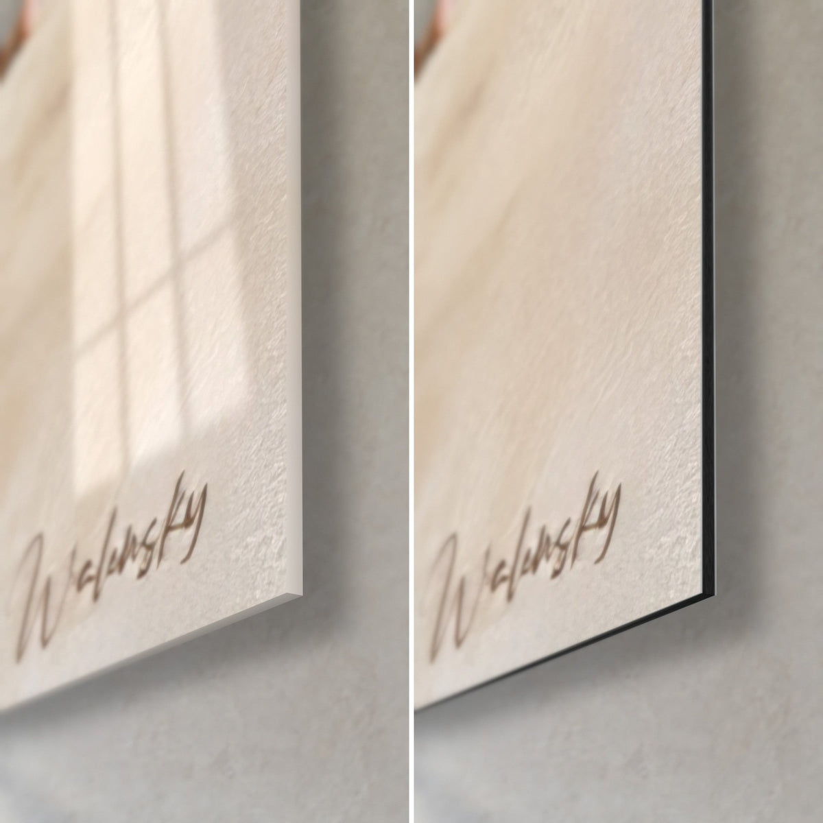 Wall art of a sleeping bulldog, bottom right corner: glossy acrylic glass on the left, matte beige Dibond on the right, slim edge