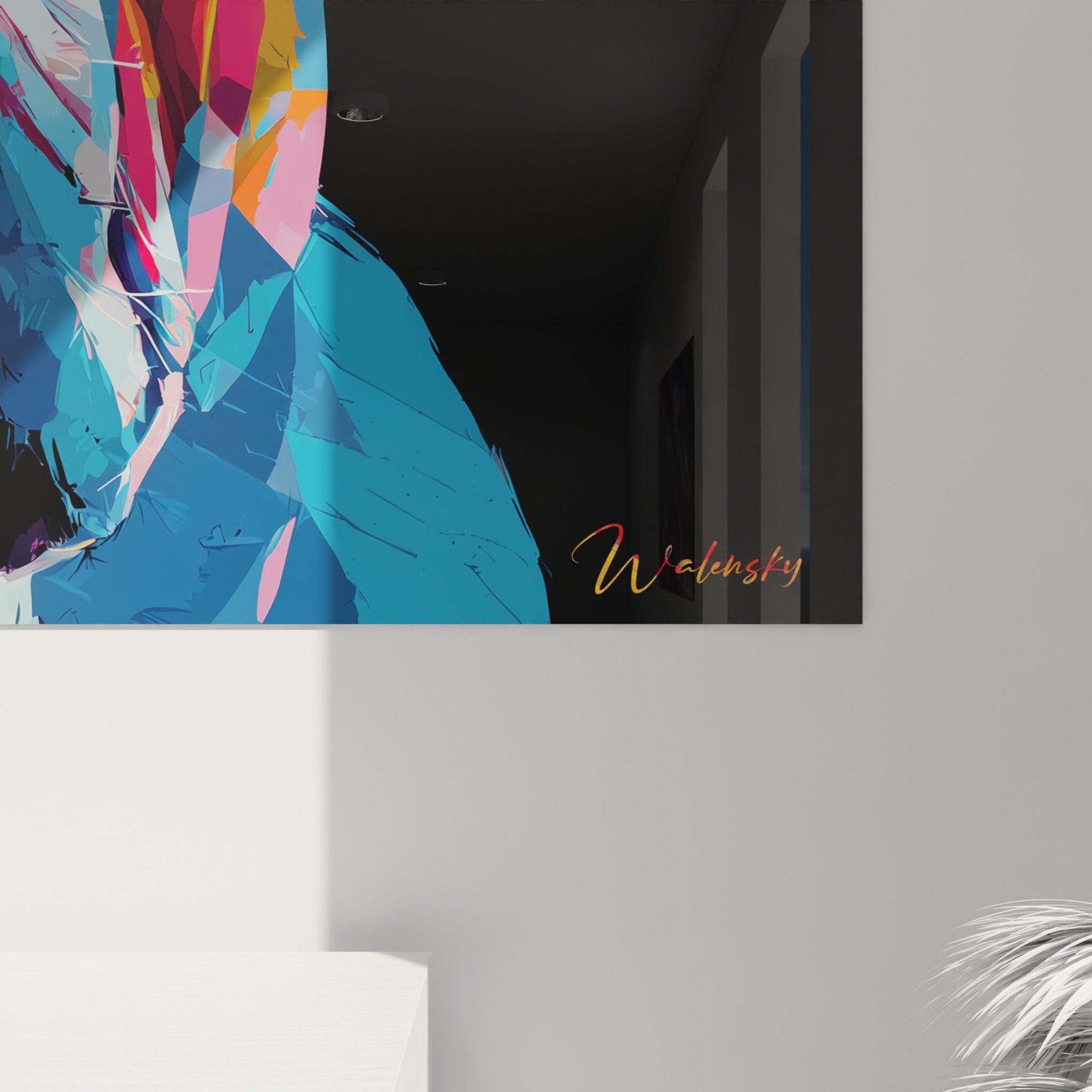 Vue d'ensemble du tableau bouledogue coloré dans un intérieur design aux murs clairs