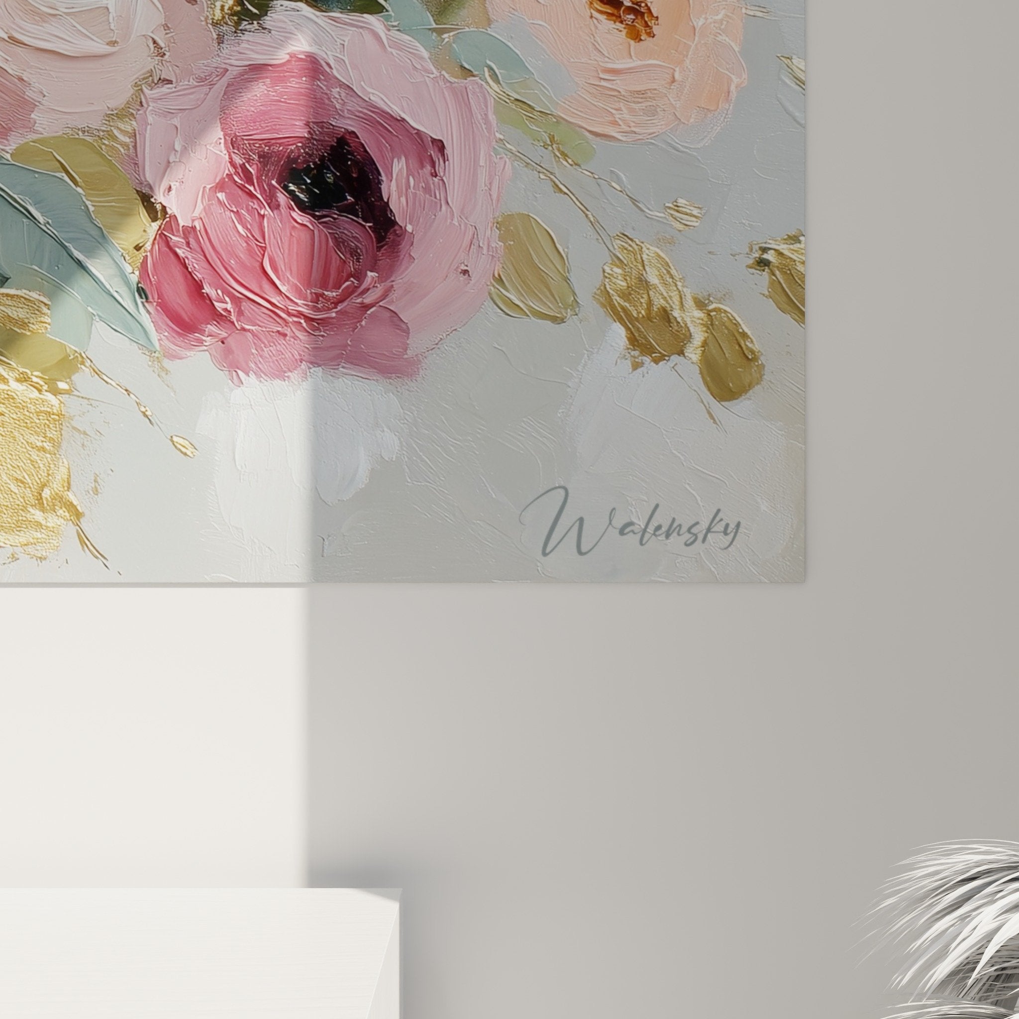 Vue d'ensemble tableau bouquet floral rose et or, décoration murale feng shui sud-ouest terre élégante