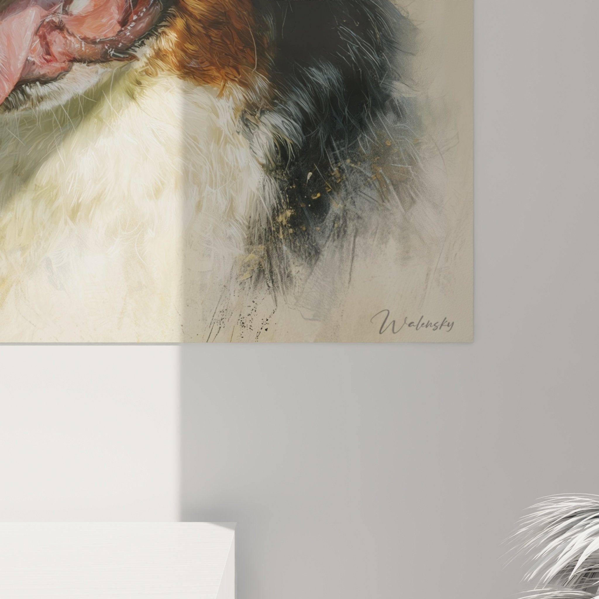 Vue d'ensemble tableau mural Bouvier Bernois portrait canin intégration déco intérieur chaleureux