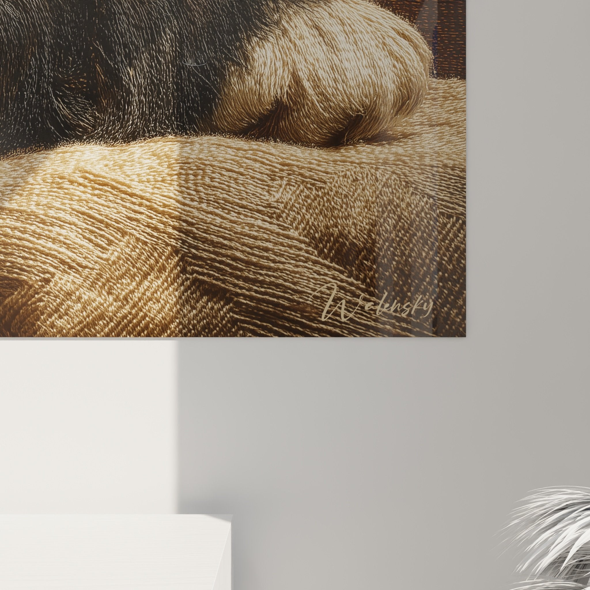 Overview of Bernese Mountain Dog artwork in modern interior, earthy tones and natural ambiance