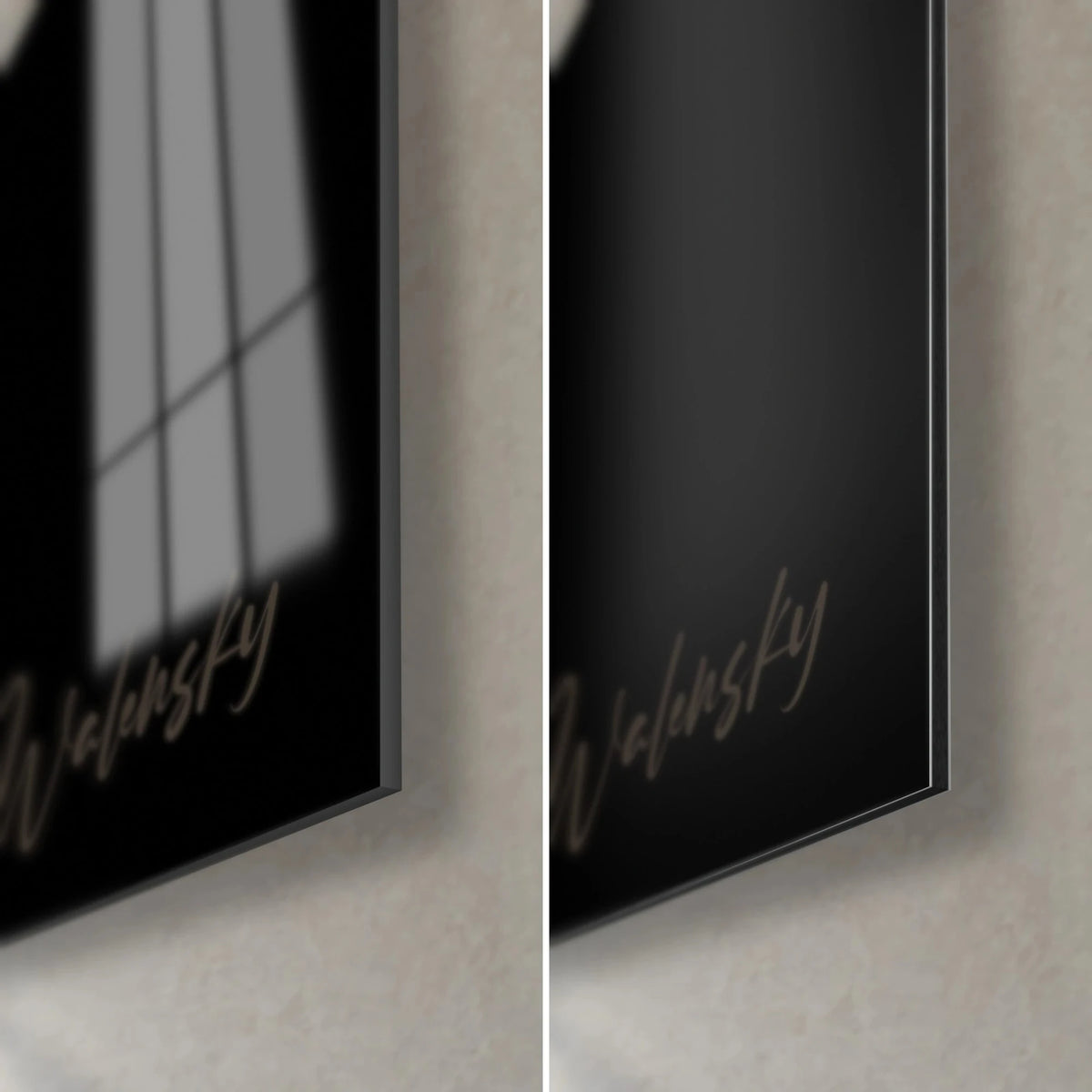 Wall art of a fighter with white wraps, bottom right corner, on the left glossy black acrylic glass, on the right matte Dibond aluminum, 3 mm edge