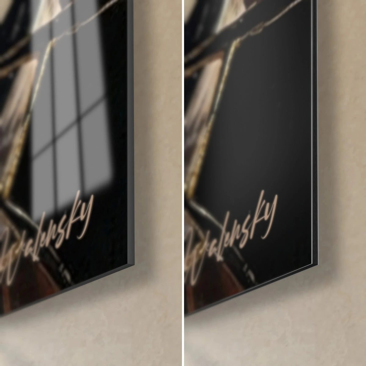 Wall art of a boxer and black glove, bottom right corner: glossy acrylic glass with reflections, matte black Dibond aluminium and 3 mm edge