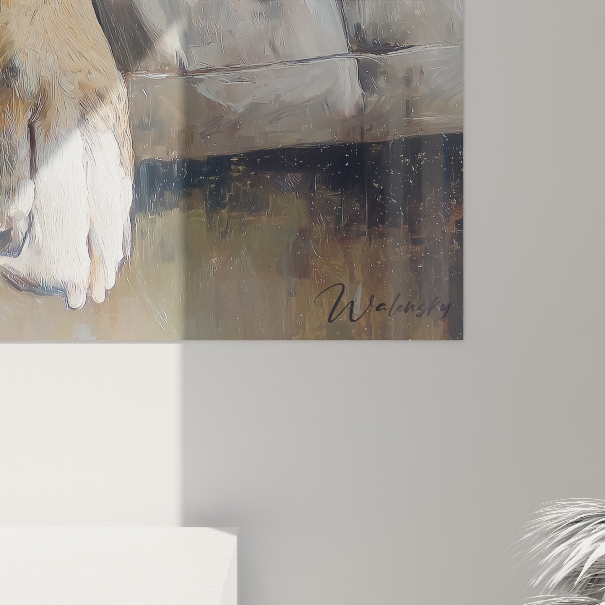 Vue d'ensemble tableau Boxer allongé, œuvre décorative pour salon, palette chromatique beige et fauve