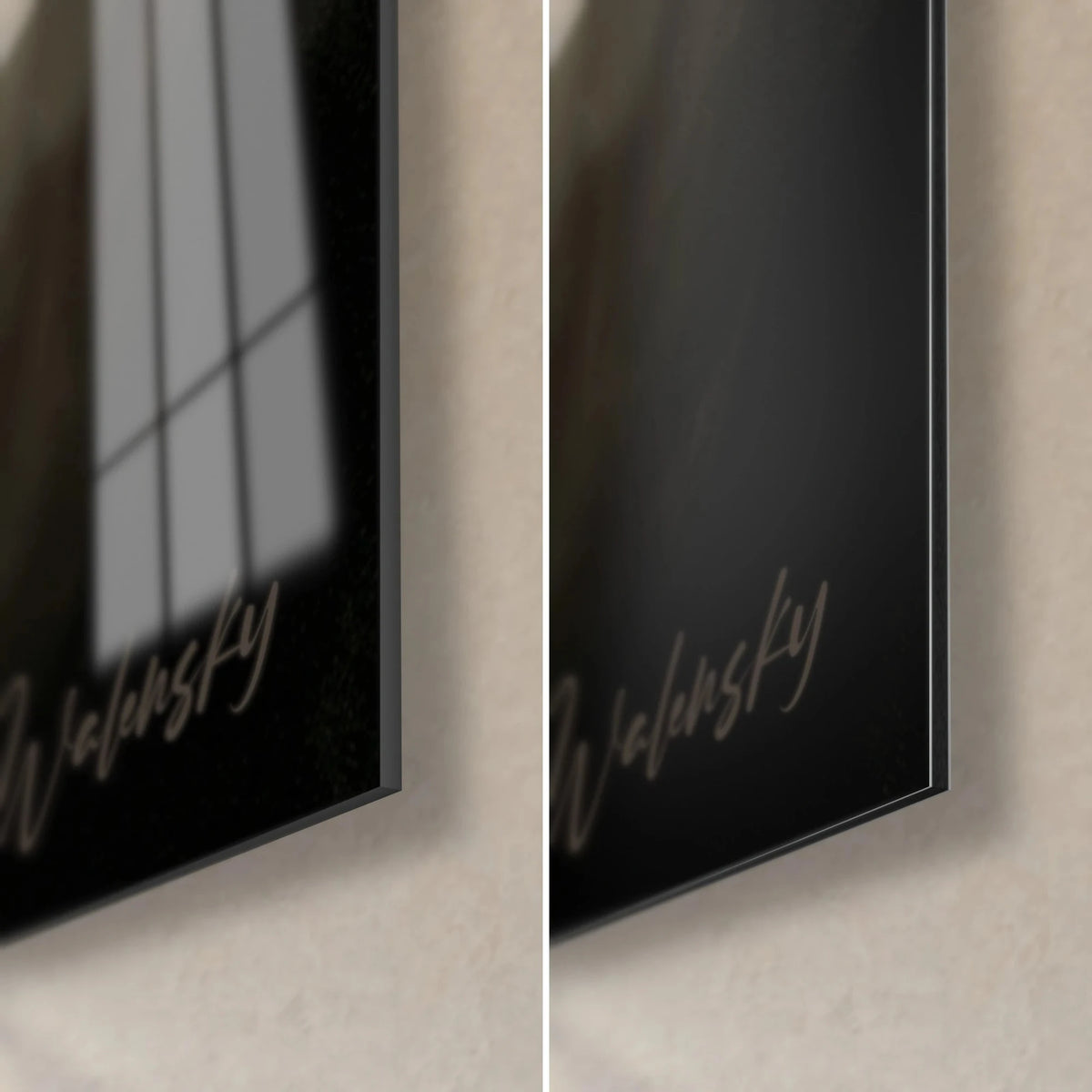 Wall art of a ring athlete, bottom right corner: glossy acrylic glass on the left, matte black Dibond aluminum on the right, 3 mm edge