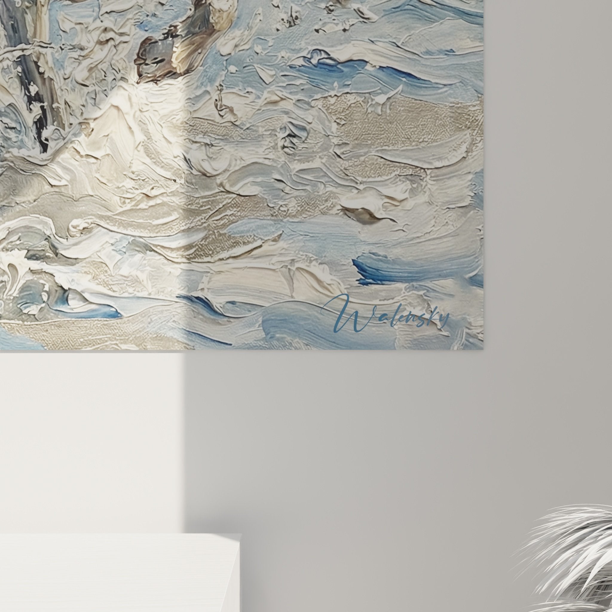 Vue d'ensemble tableau mural Braques de Weimar aquatique dans salon moderne, ambiance marine et décontractée