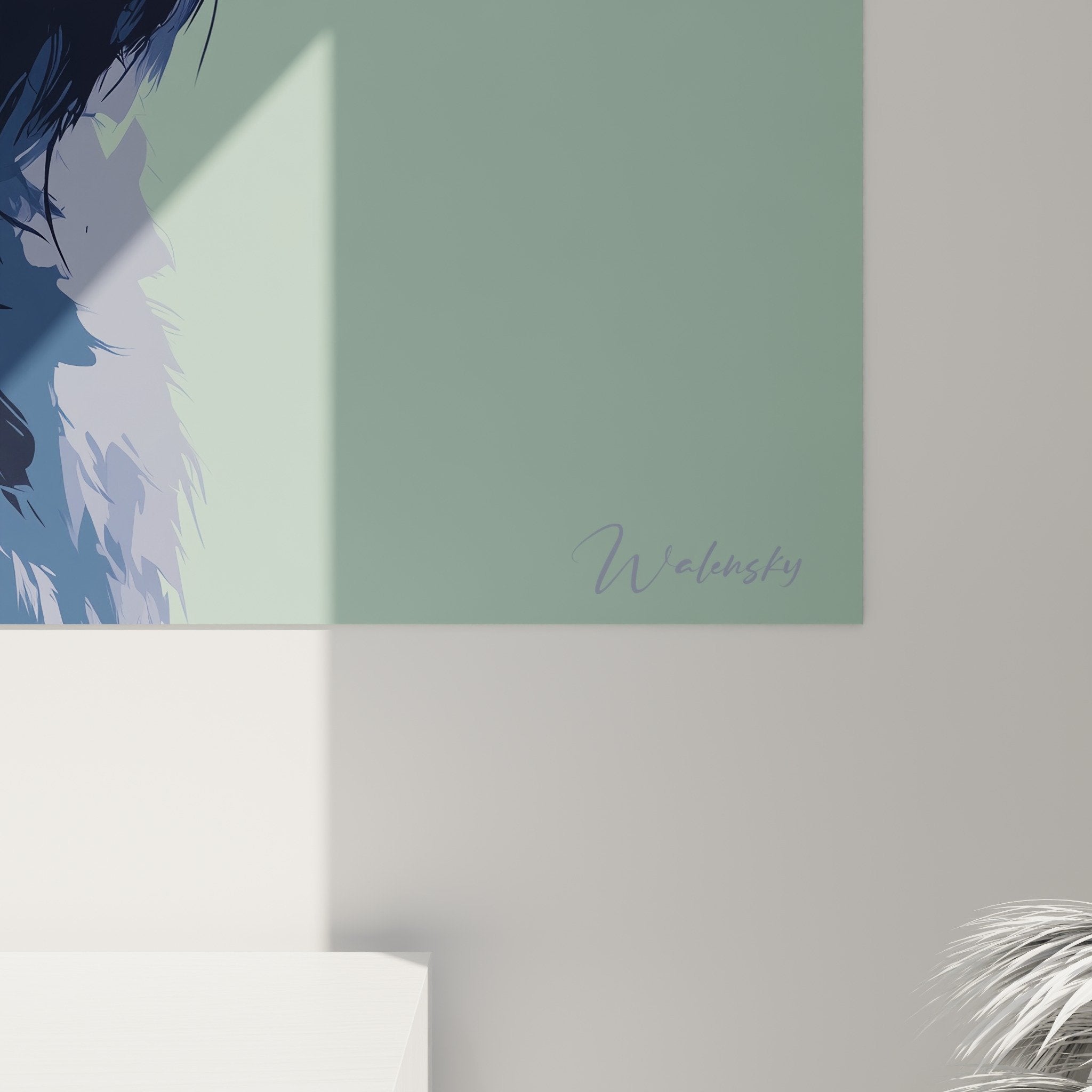 Vue d'ensemble du tableau portrait de Briard aux tons jaunes et violets sur mur