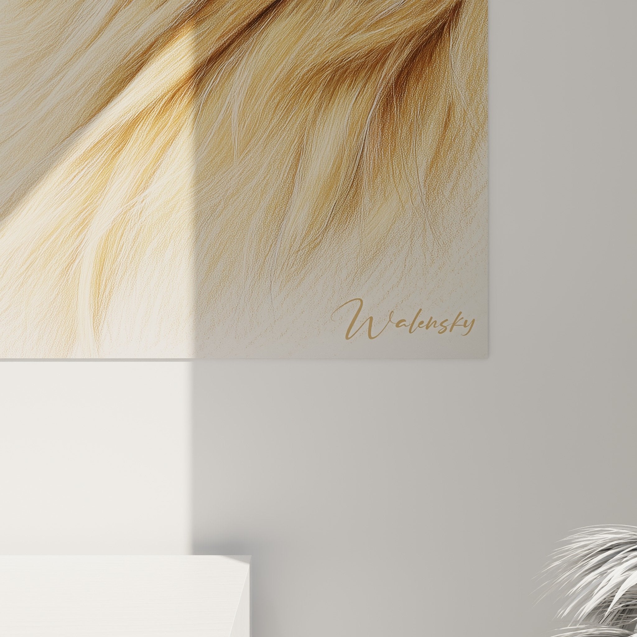 Vue d'ensemble tableau Briard portrait dans salon contemporain, ambiance chaleureuse