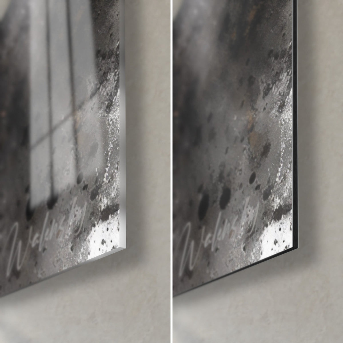 Gemälde Blick des Briard, untere rechte Ecke: glänzendes Acrylglas links, mattschwarzes Dibond rechts, 3 mm Kante