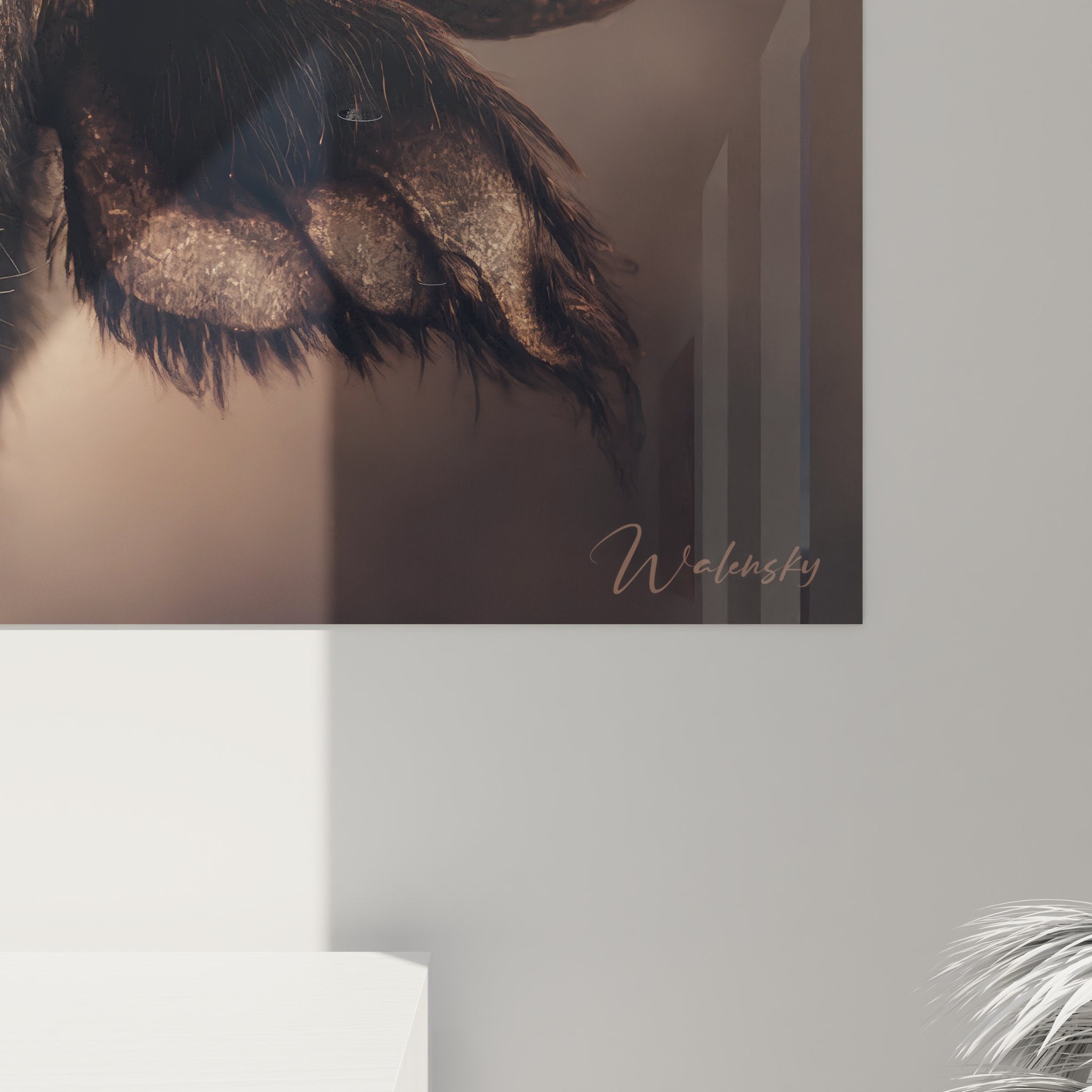 Vue ensemble tableau buffle africain portrait dans intérieur contemporain décoration murale wildlife