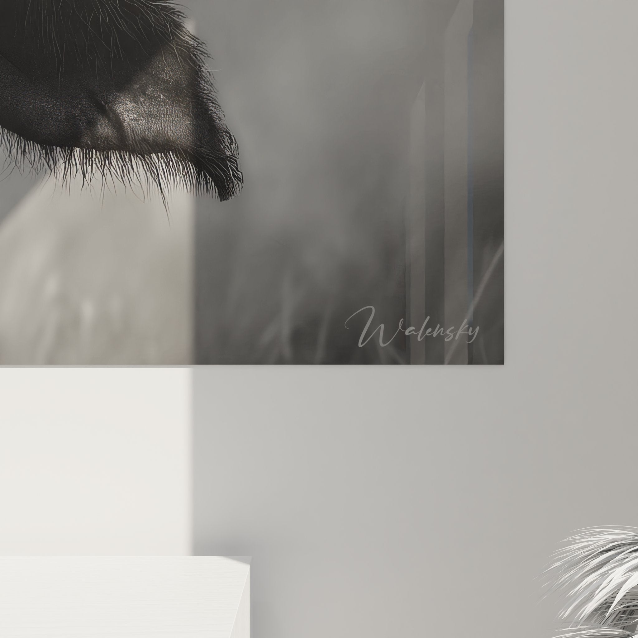 Vue d'ensemble tableau buffle noir et blanc dans salon contemporain élégant